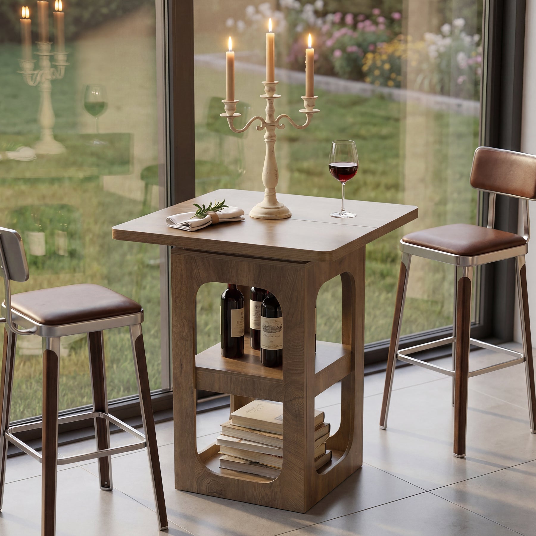 Tavolo da Bar Alto Quadrato a 3 Ripiani, 80 x 80 cm, per Cucina e Piccoli Spazi