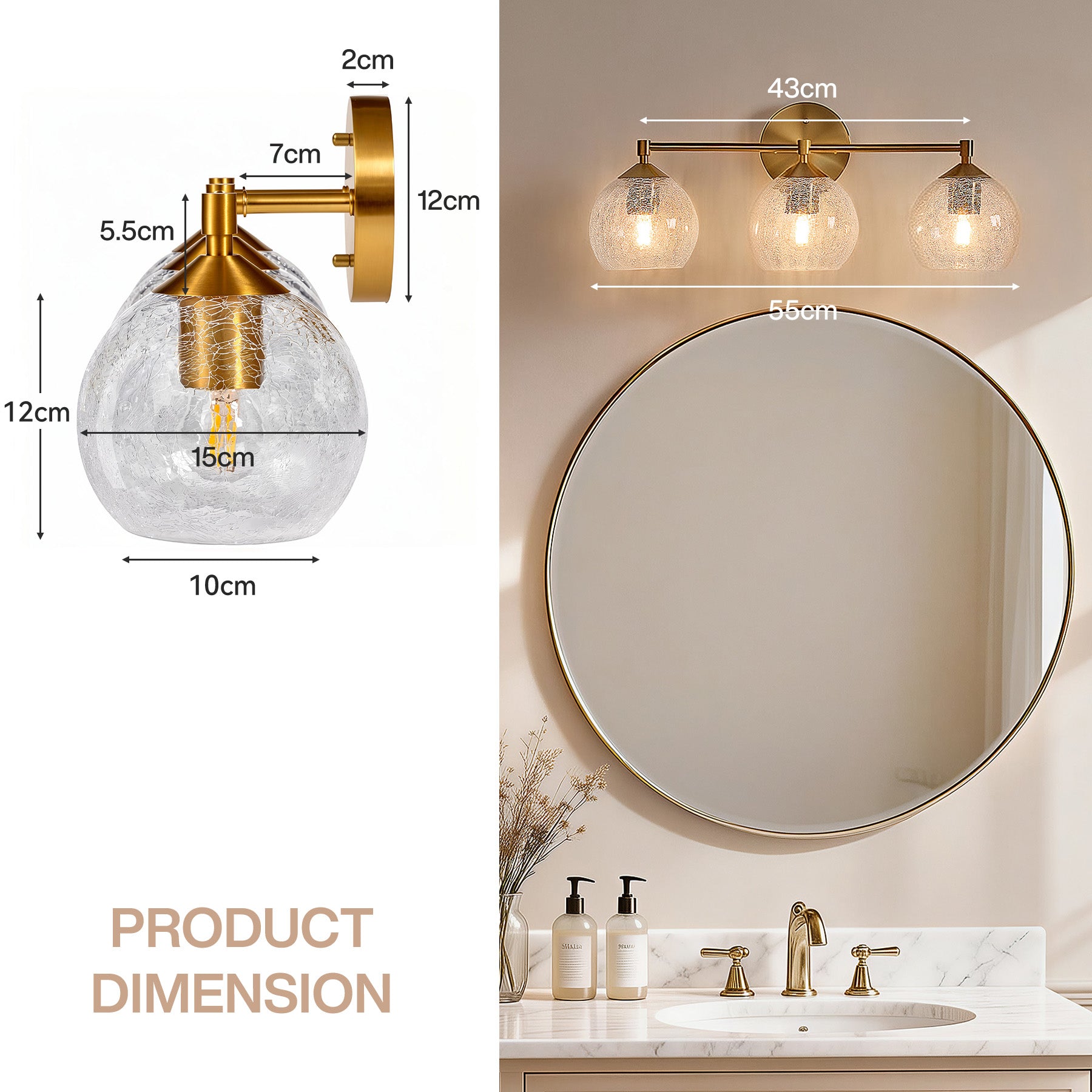 Tribesigns Applique Bagno 3 Luci, Applique Murale E27 Lampada da Specchio Dorata