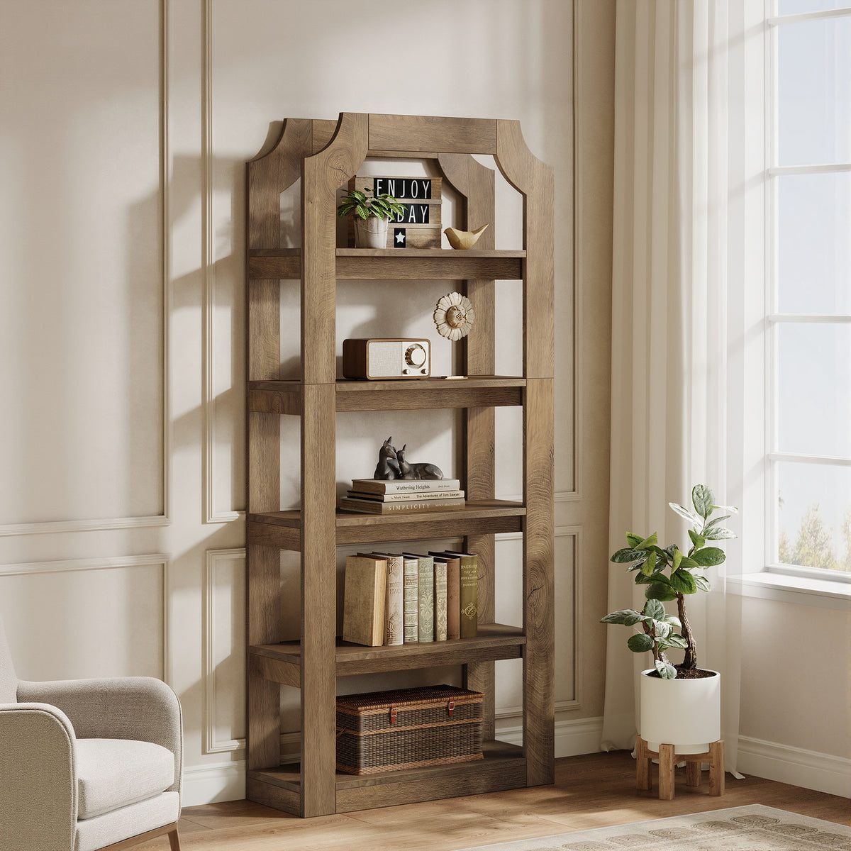 Tribesigns Libreria a 5 ripiani in stile rustico, alta 180 cm, robusta e autoportante, ideale per il soggiorno o l'ufficio