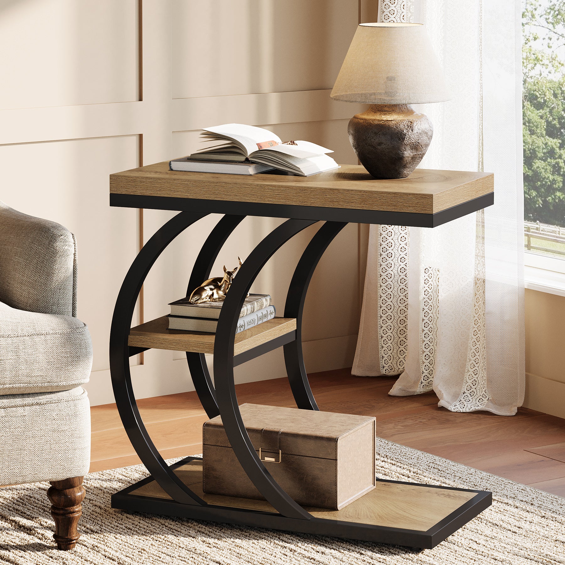 Tribesigns 60 cm Tavolino a 3 ripiani, tavolino laterale a forma di C
