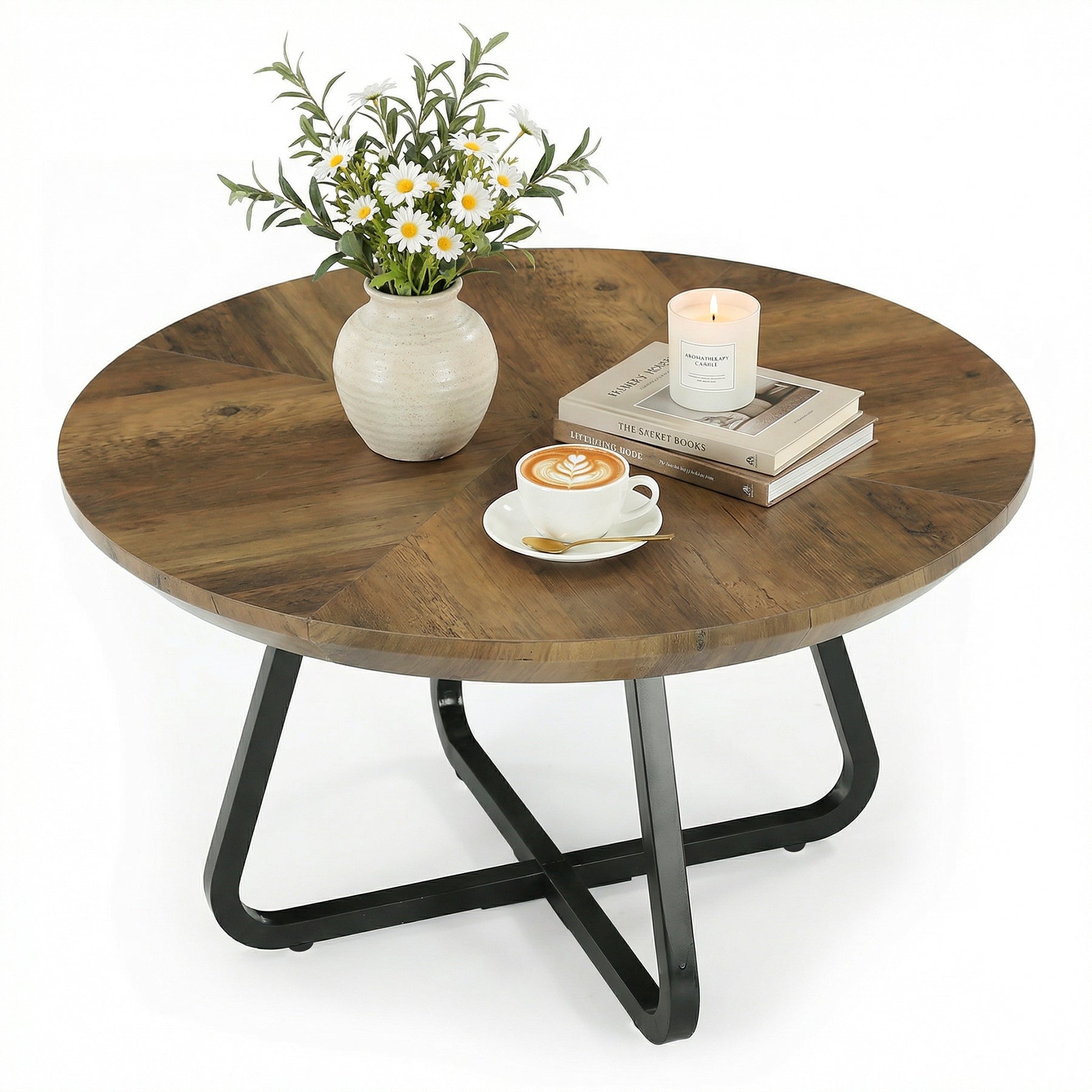 Tribesigns Tavolino rotondo da caffè 80 cm, tavolino centrale industriale con gambe in metallo