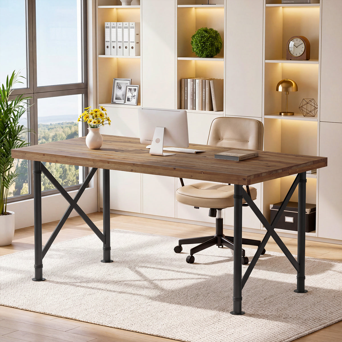 Scrivania Industriale in Legno Massello con Gambe a X in Metallo, 160 cm