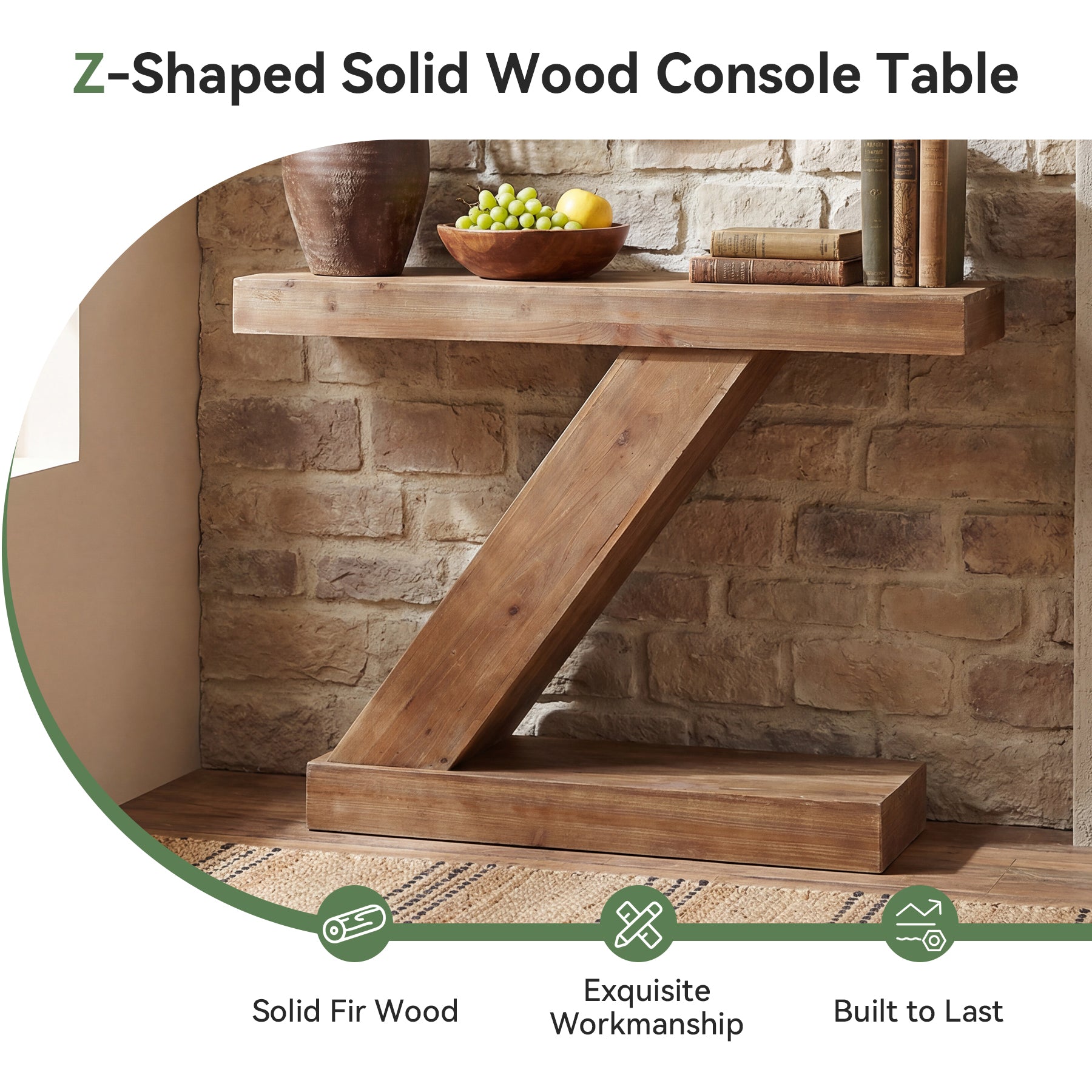 Tribesigns Tavolino consolle da 105 cm, tavolino stretto a forma di Z in legno massello