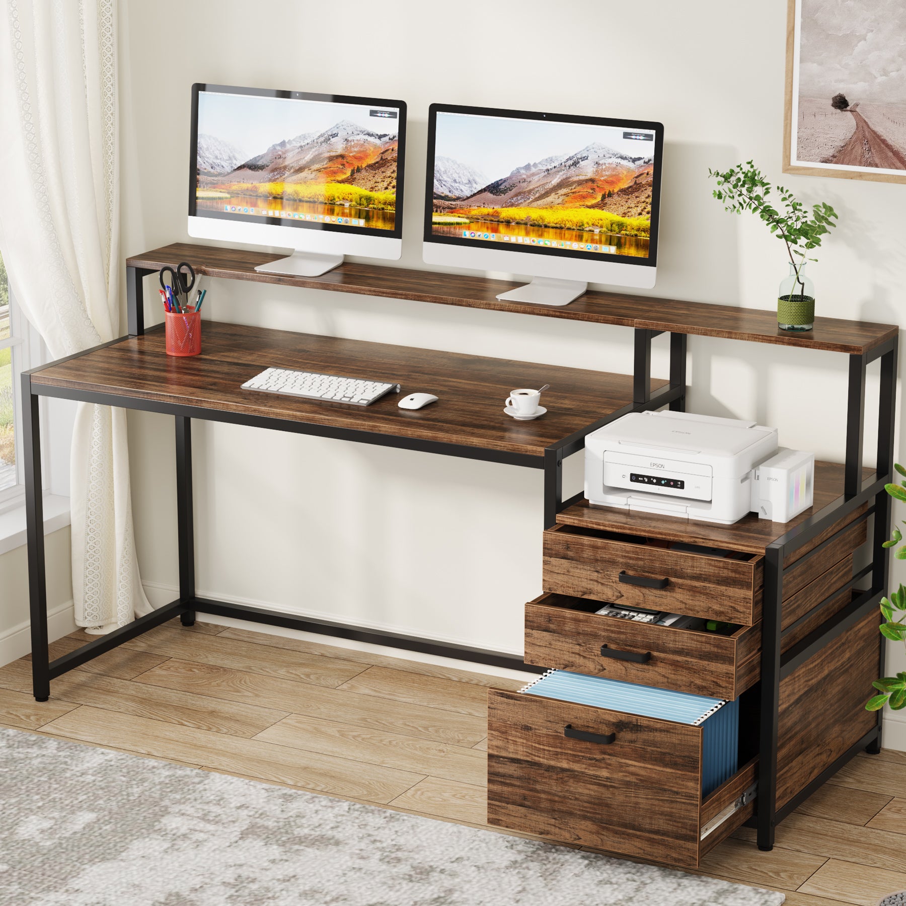 Supporto Per Monitor In Legno Con Cassetti E Organizer - Alza Schermo Ergonomico Per Scrivania