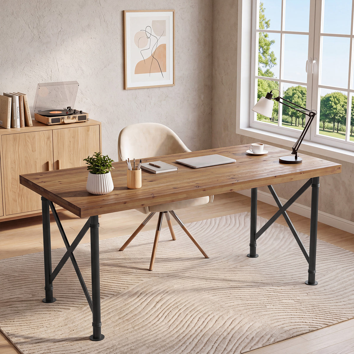 Scrivania Industriale in Legno Massello con Gambe a X in Metallo, 160 cm