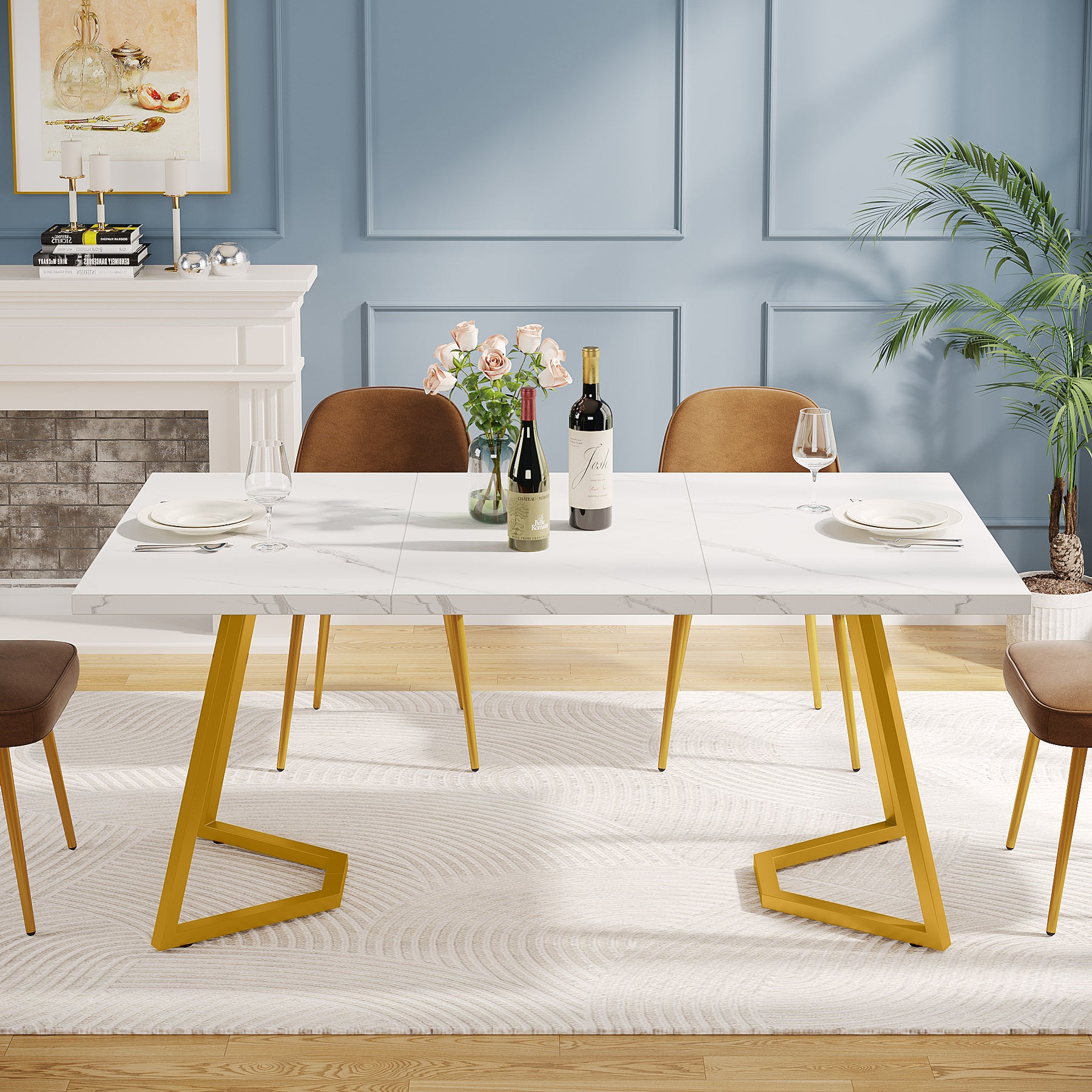Tavolo Da Pranzo Moderno 140x80 Cm - Piano Effetto Marmo MDF E Gambe In Metallo Curvo Con Piedini Regolabili