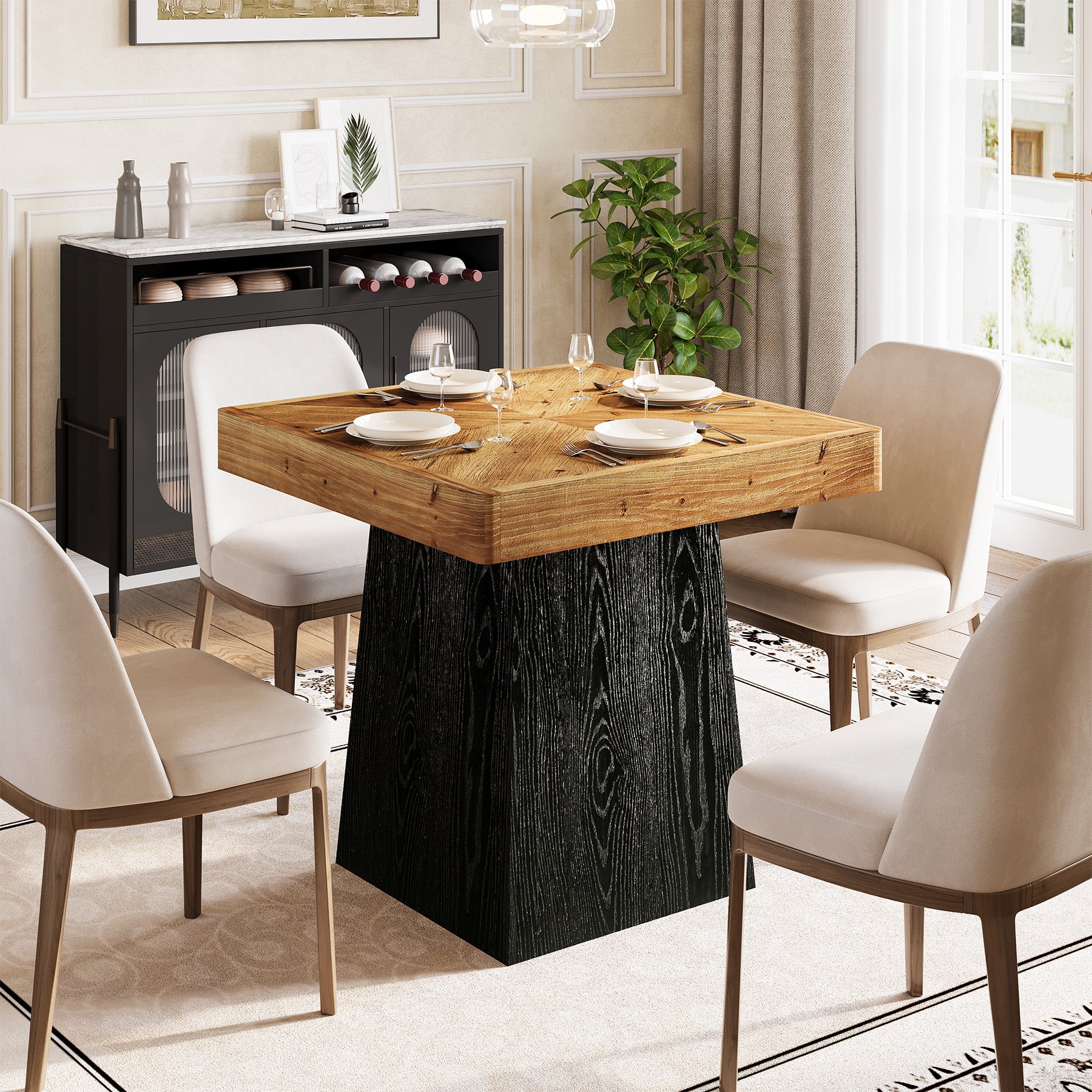 Tribesigns Tavolo da pranzo quadrato da 80 cm, tavolo da cucina rustico in legno massello con base affusolata per 2-4 persone