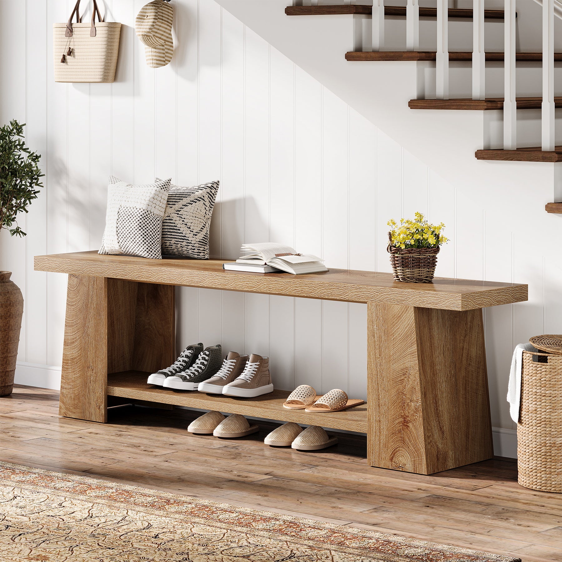 Tribesigns Banc à chaussures 150 cm, banc à 2 niveaux avec rangement en bois