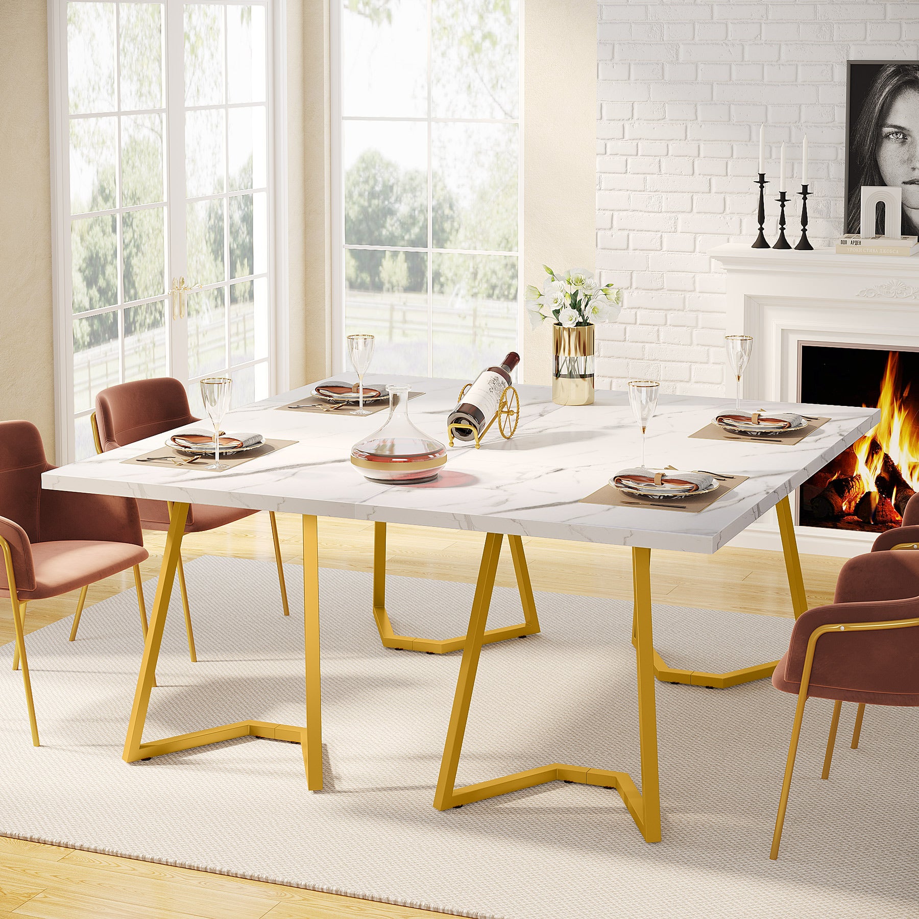 Tribesigns Tavolo da pranzo moderno, tavolo da cucina da 140 cm con gambe in metallo dorato per 6 persone