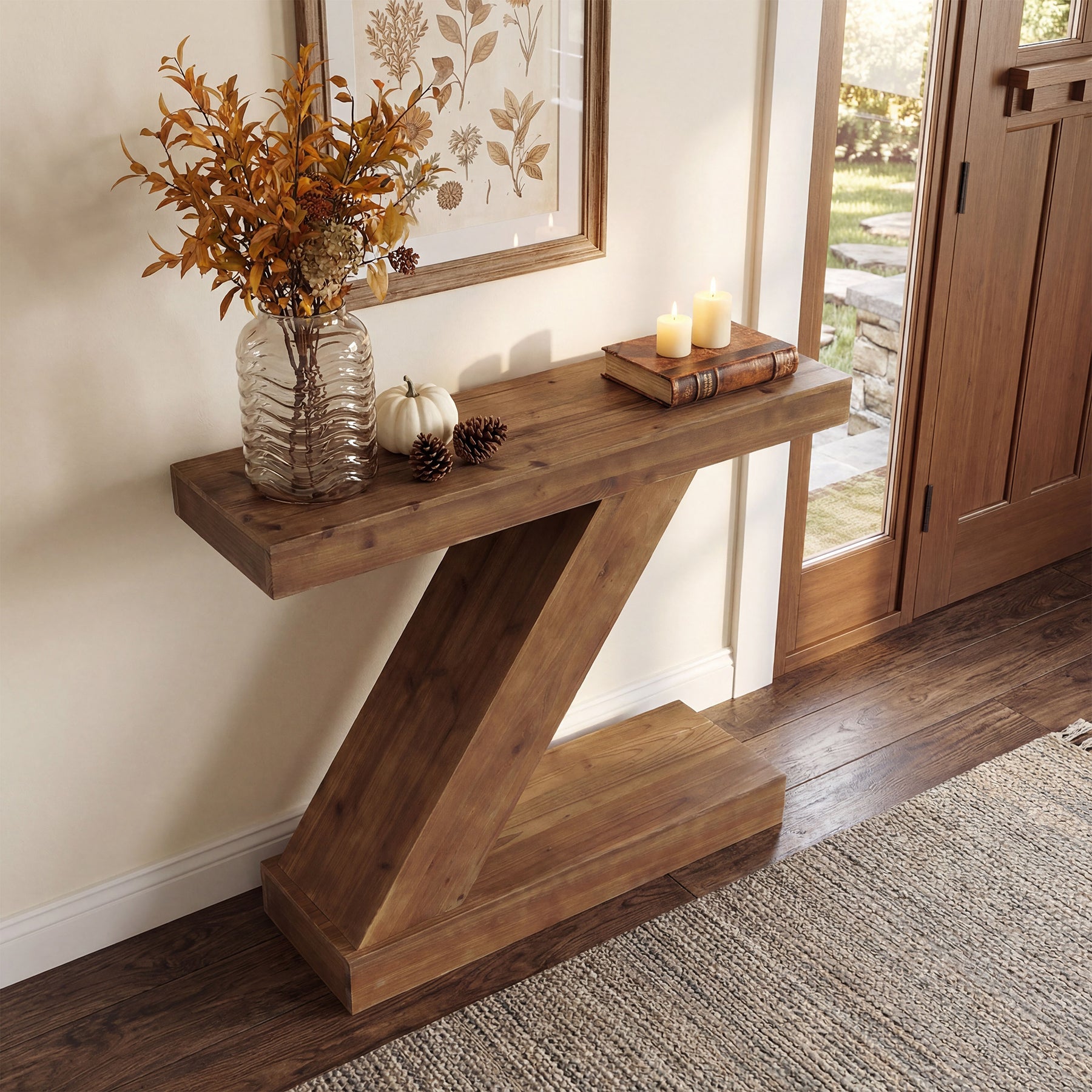 Tribesigns Tavolino consolle da 105 cm, tavolino stretto a forma di Z in legno massello