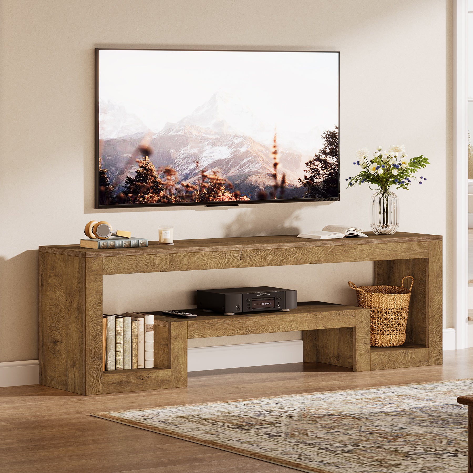 Mobile TV da 160 cm, consolle multimediale bassa con scomparti aperti per TV da 55/60/65 pollici