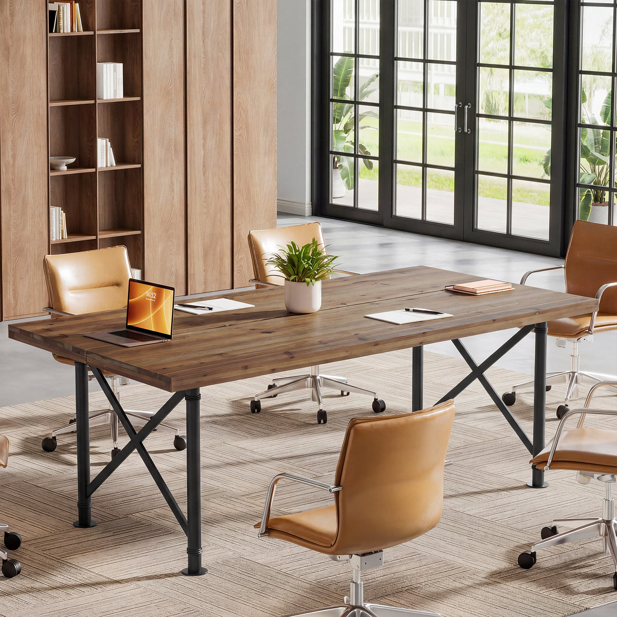 Scrivania Industriale in Legno Massello con Gambe a X in Metallo, 160 cm