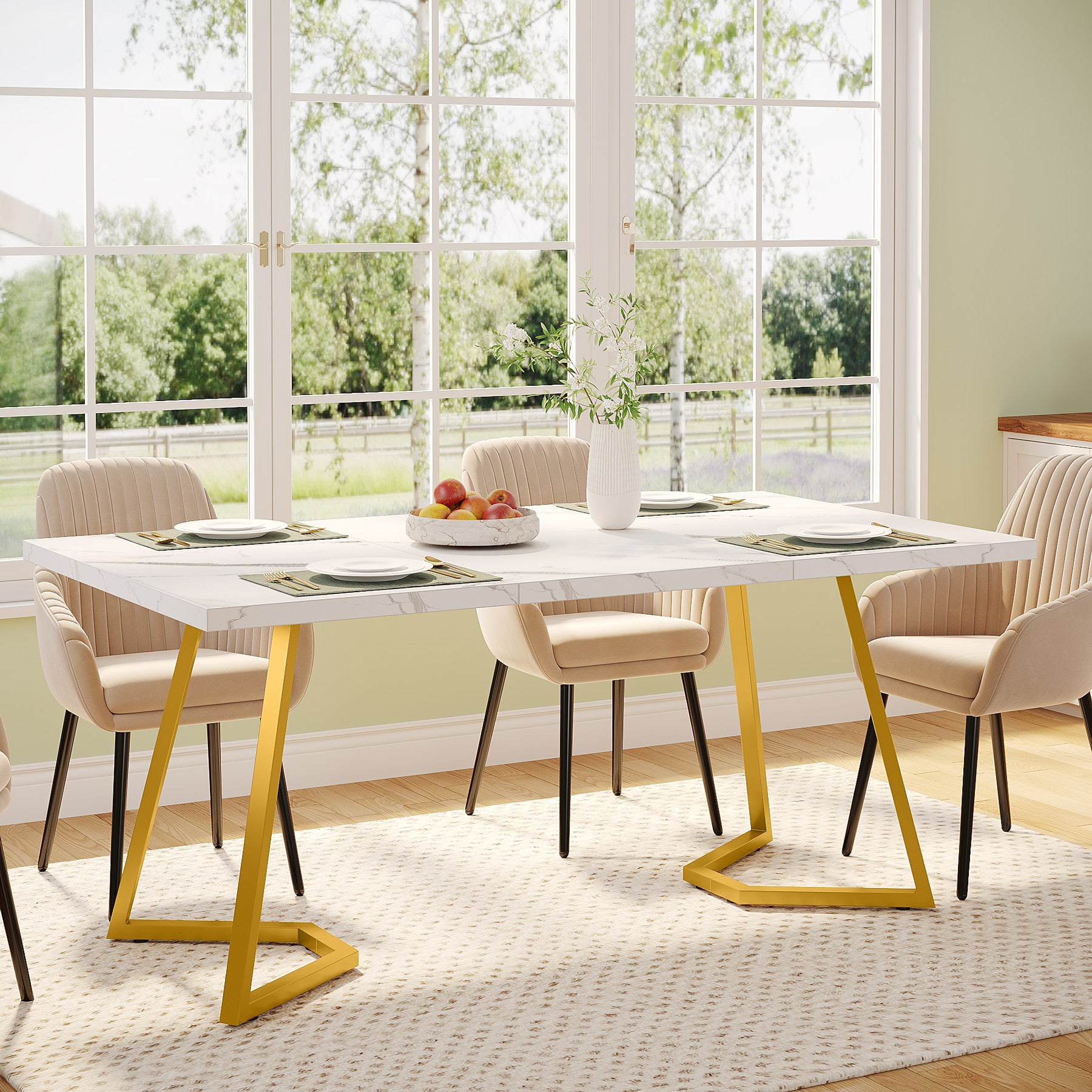 Tribesigns Tavolo da pranzo moderno, tavolo da cucina da 140 cm con gambe in metallo dorato per 6 persone