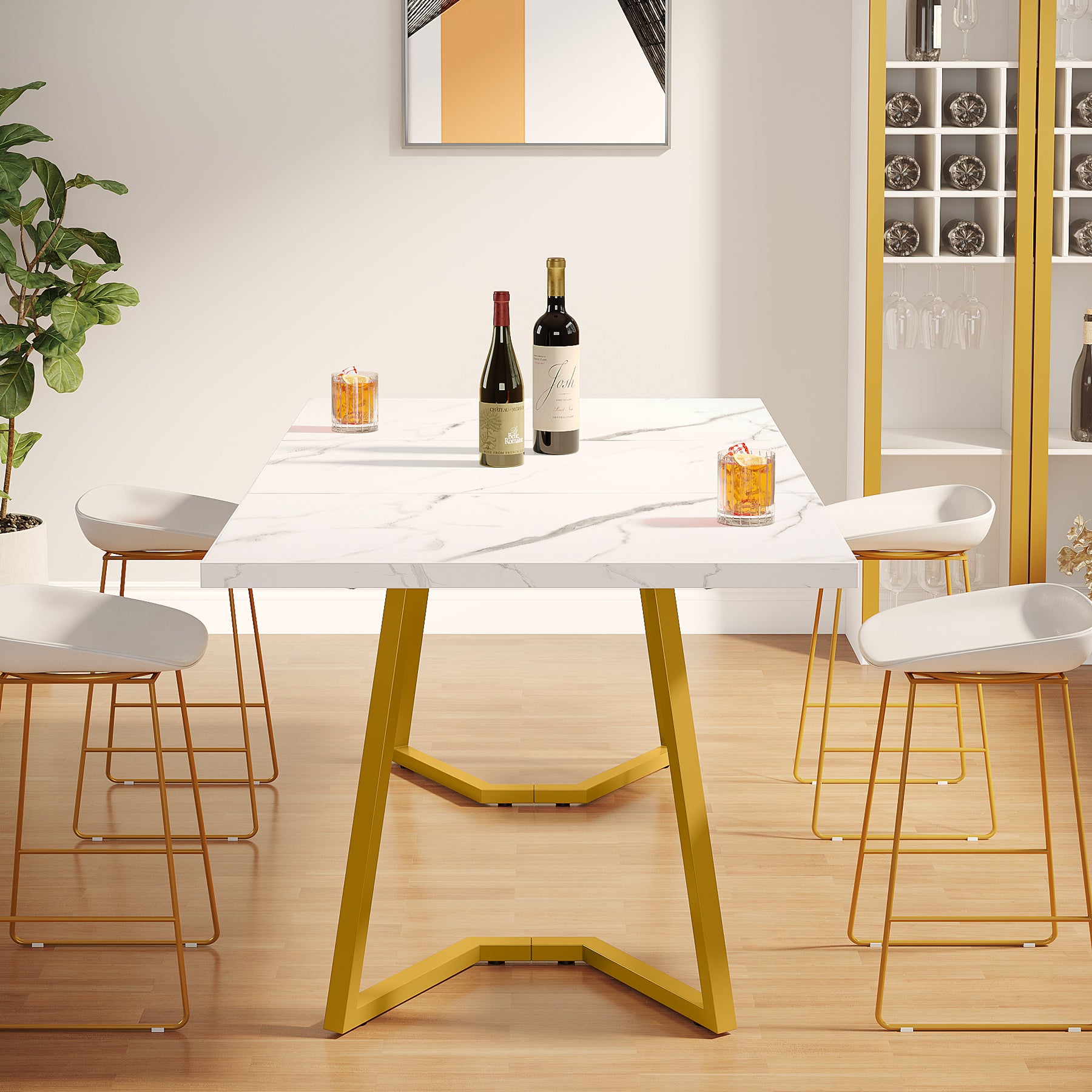 Tribesigns Tavolo da pranzo moderno, tavolo da cucina da 140 cm con gambe in metallo dorato per 6 persone