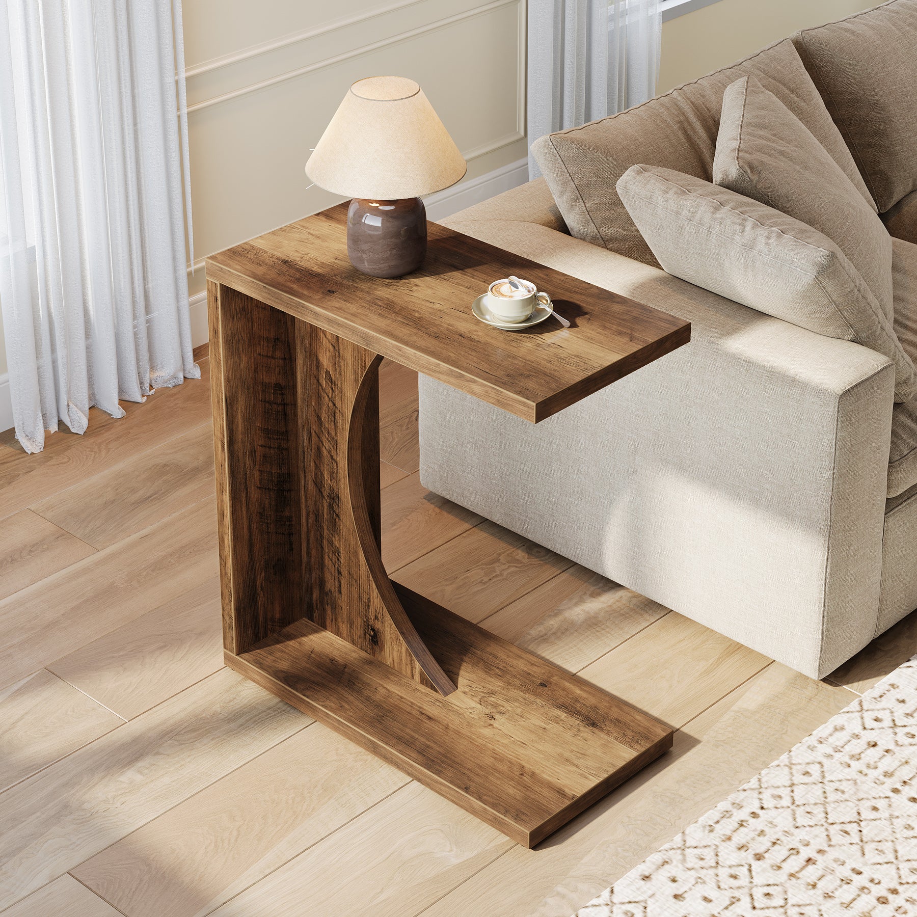 Tribesigns Tavolino a C, 60 cm Comodino Rustico Tavolo da Salotto