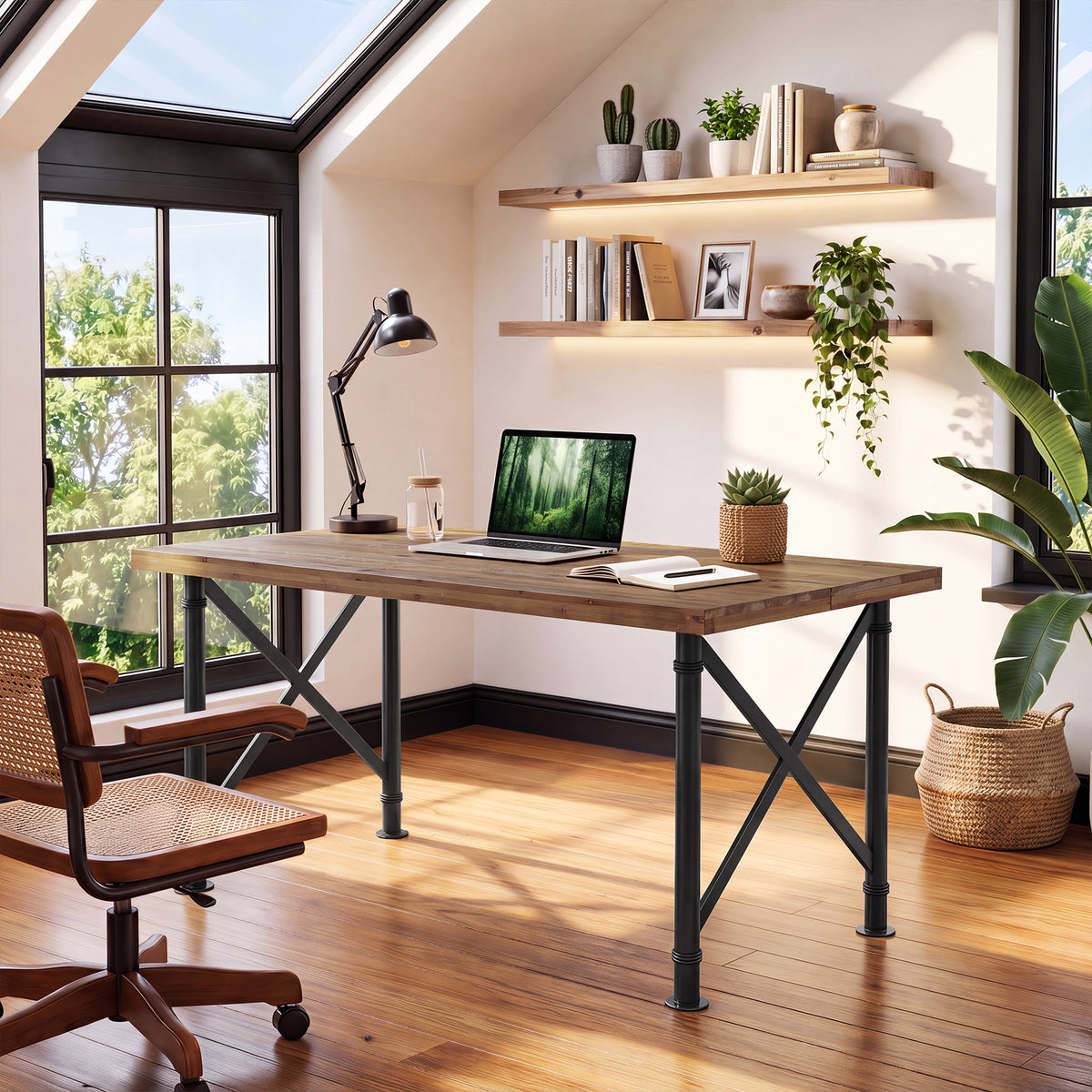 Scrivania Industriale in Legno Massello con Gambe a X in Metallo, 160 cm