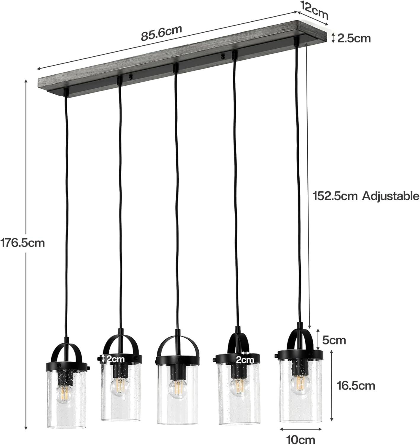 Tribesigns Lampadario lineare nero a 5 luci, lampada per isola cucina con paralumi in vetro soffiato, altezza regolabile, attacco E27