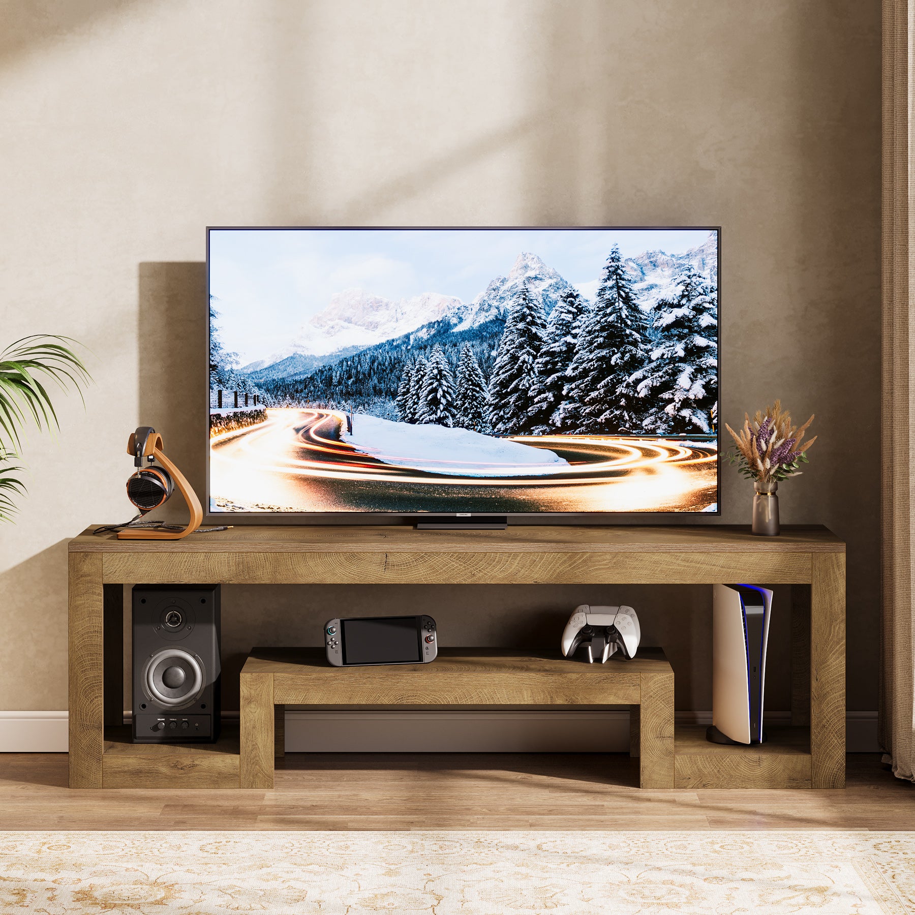 Mobile TV da 160 cm, consolle multimediale bassa con scomparti aperti per TV da 55/60/65 pollici
