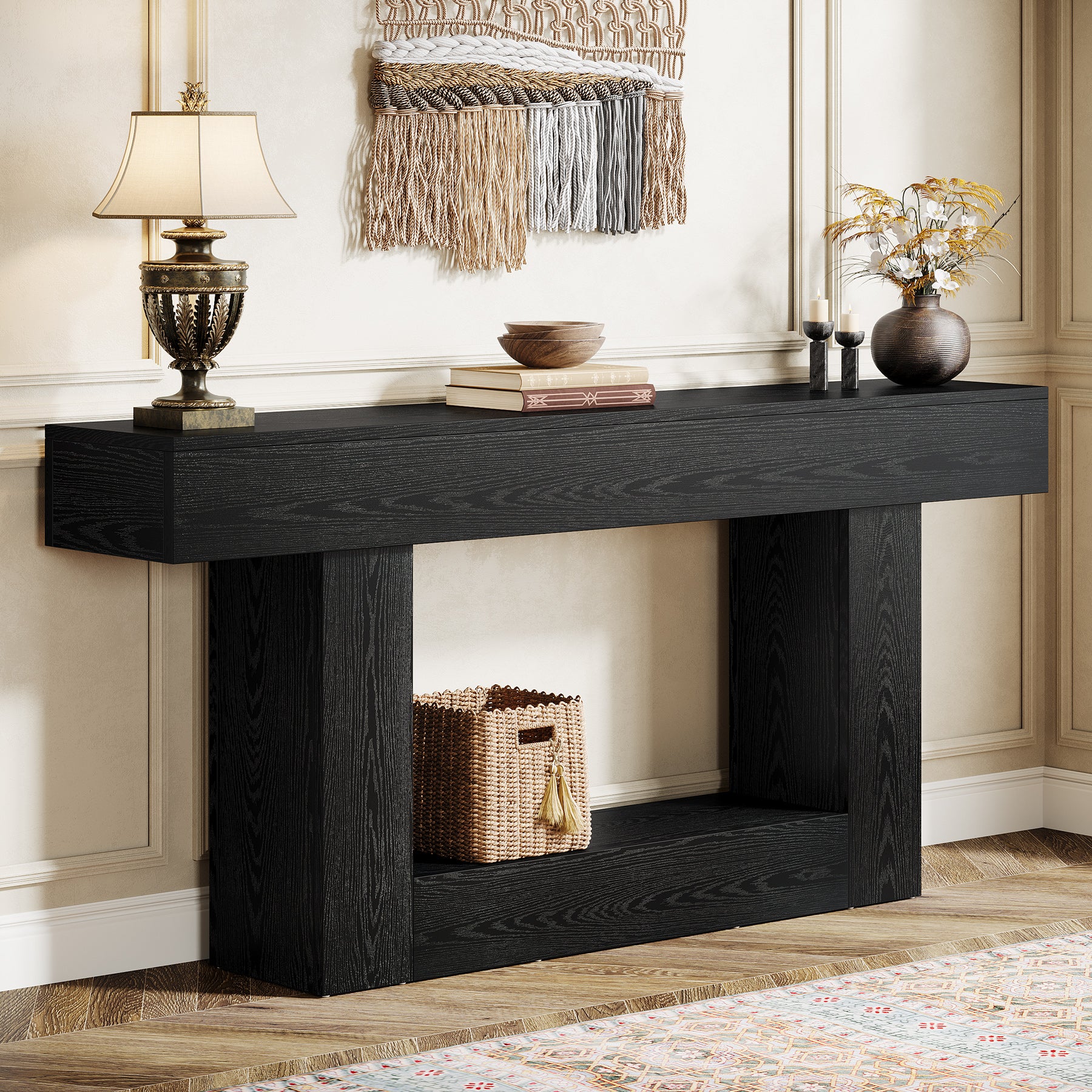 Tribesigns 160 cm Tavolo consolle in legno, tavolo da ingresso con 2 ripiani in stile fattoria