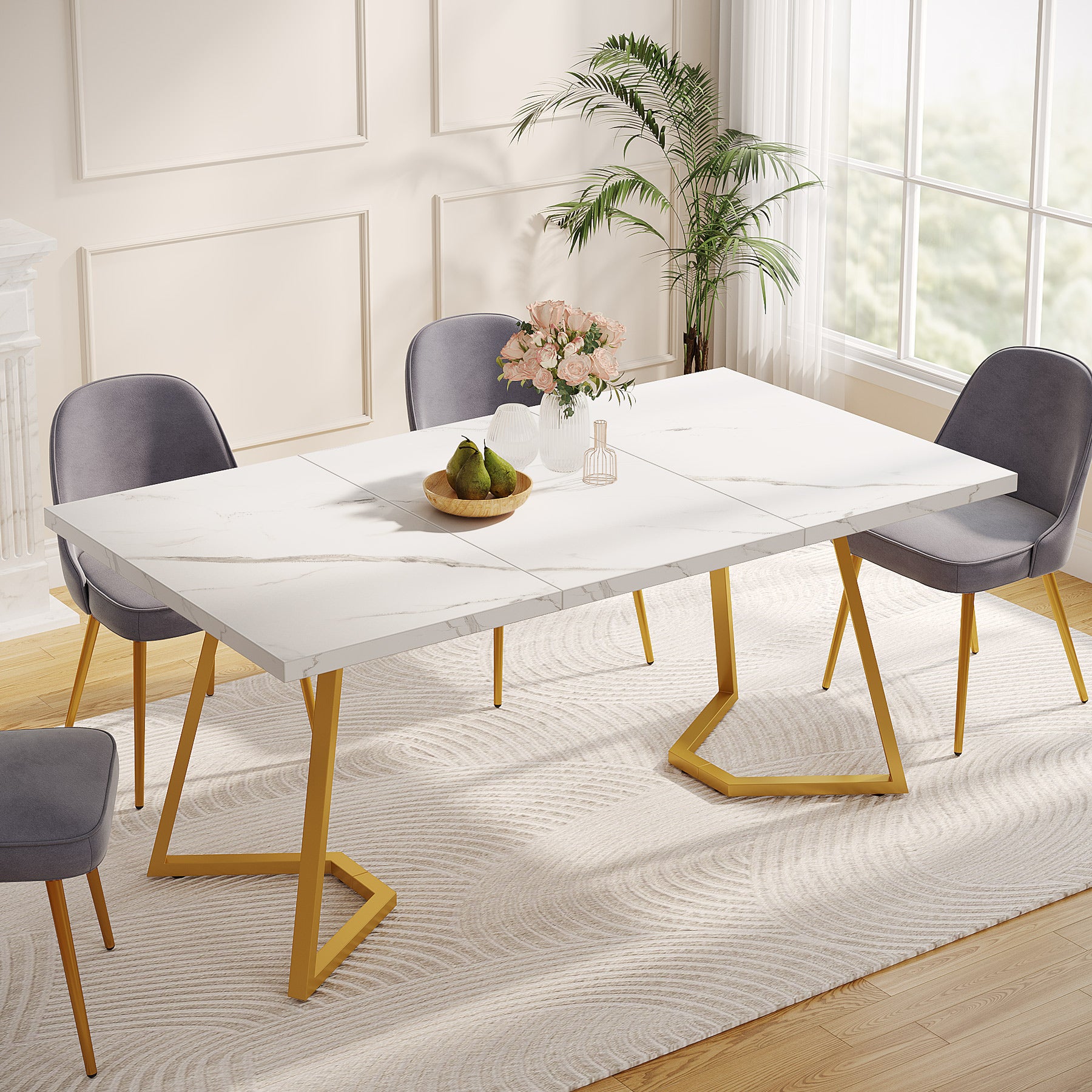 Tribesigns Tavolo da pranzo moderno, tavolo da cucina da 140 cm con gambe in metallo dorato per 6 persone