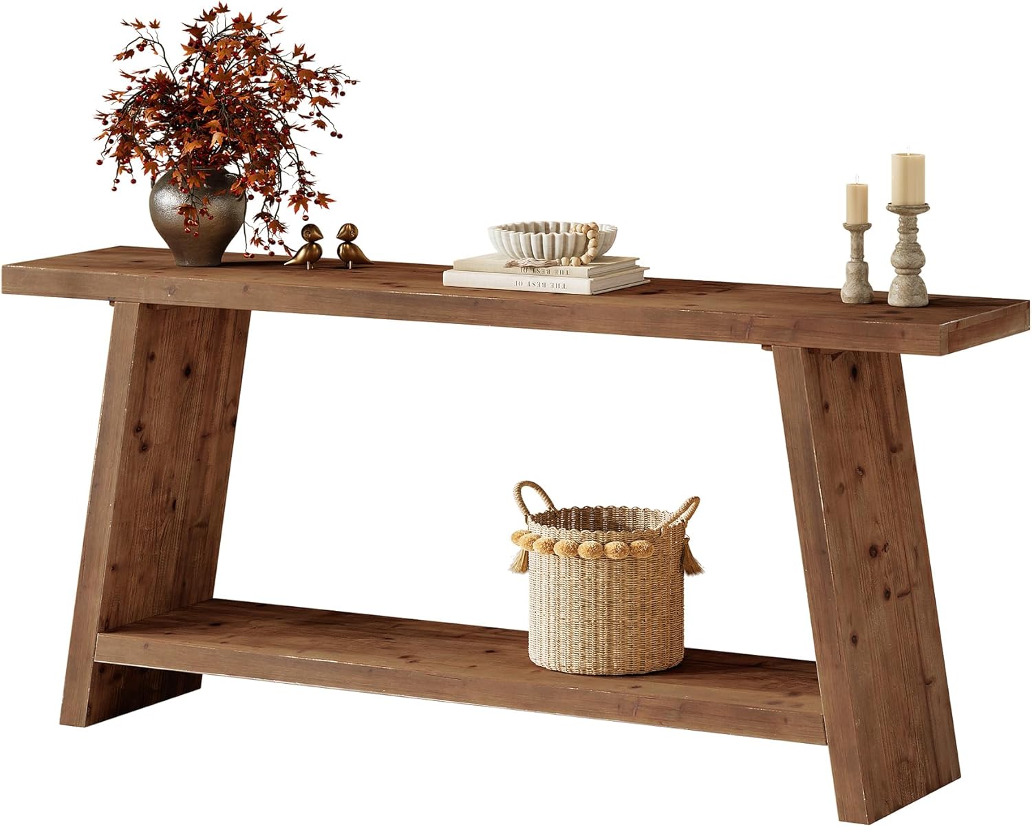 Tribesigns Tavolo consolle lungo 160 cm, tavolino da divano stretto in legno massiccio con 2 ripiani