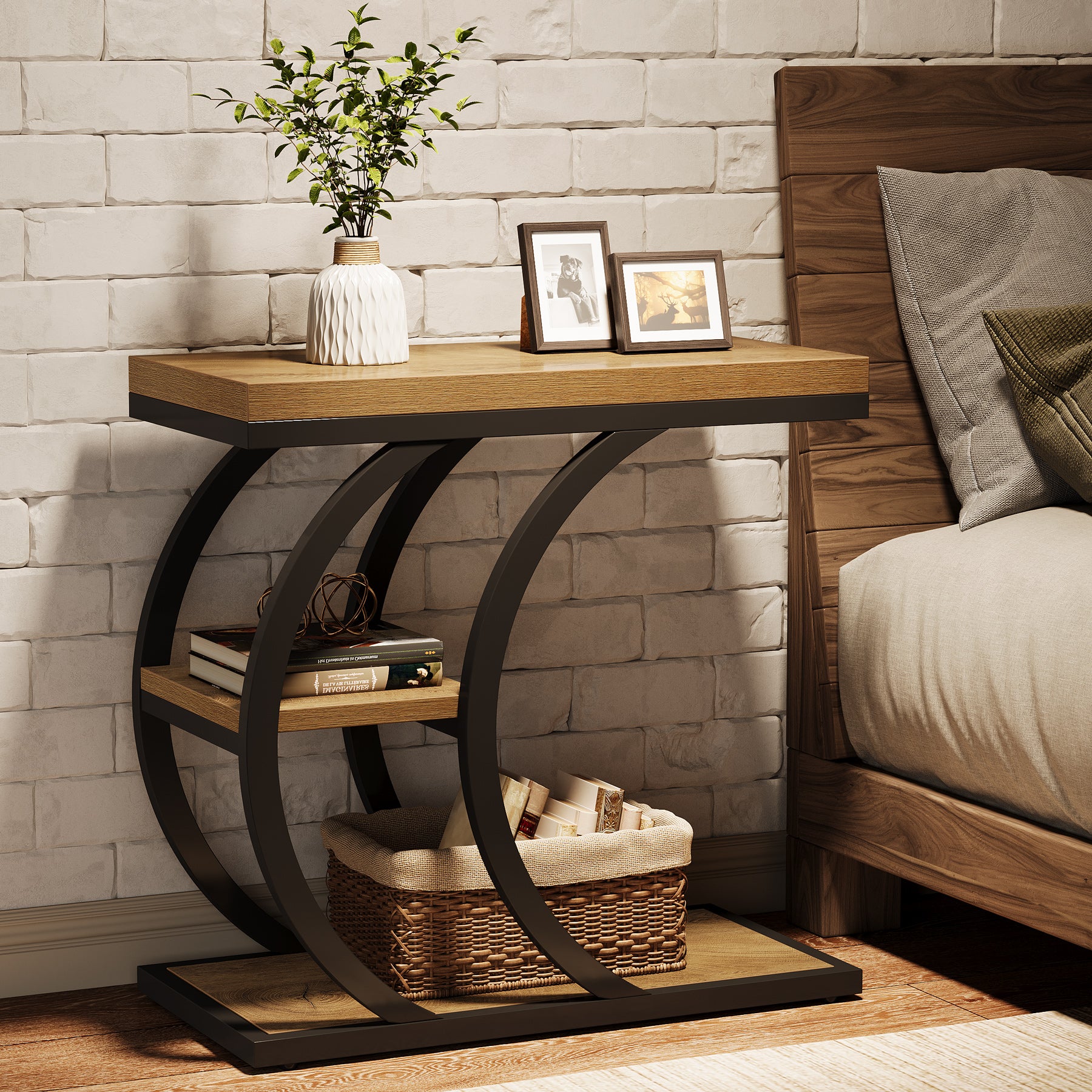 Tribesigns 60 cm Tavolino a 3 ripiani, tavolino laterale a forma di C