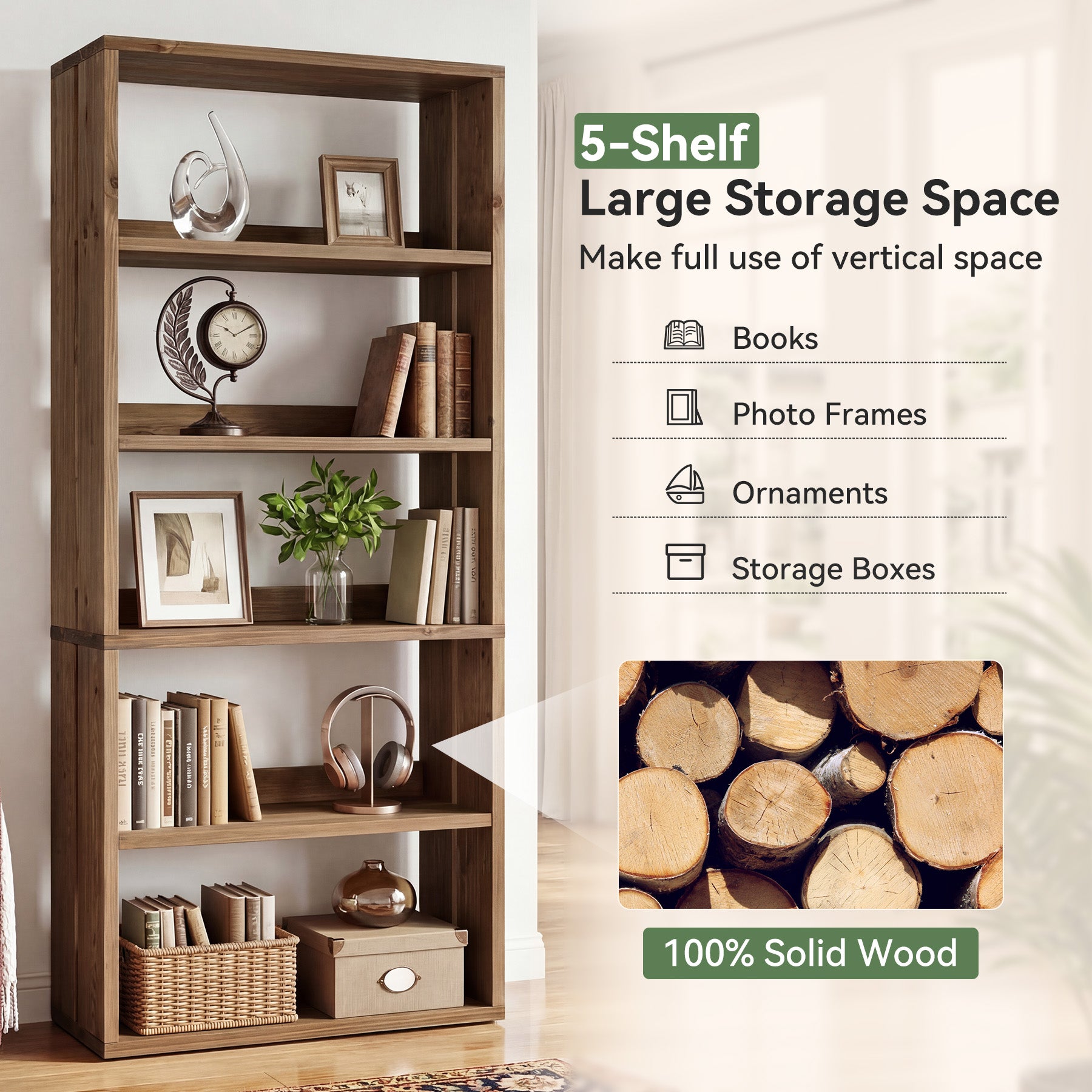 Libreria in Legno Massello a 5 Ripiani con Vani Aperti, 180 cm, Stile Country, per Soggiorno e Studio