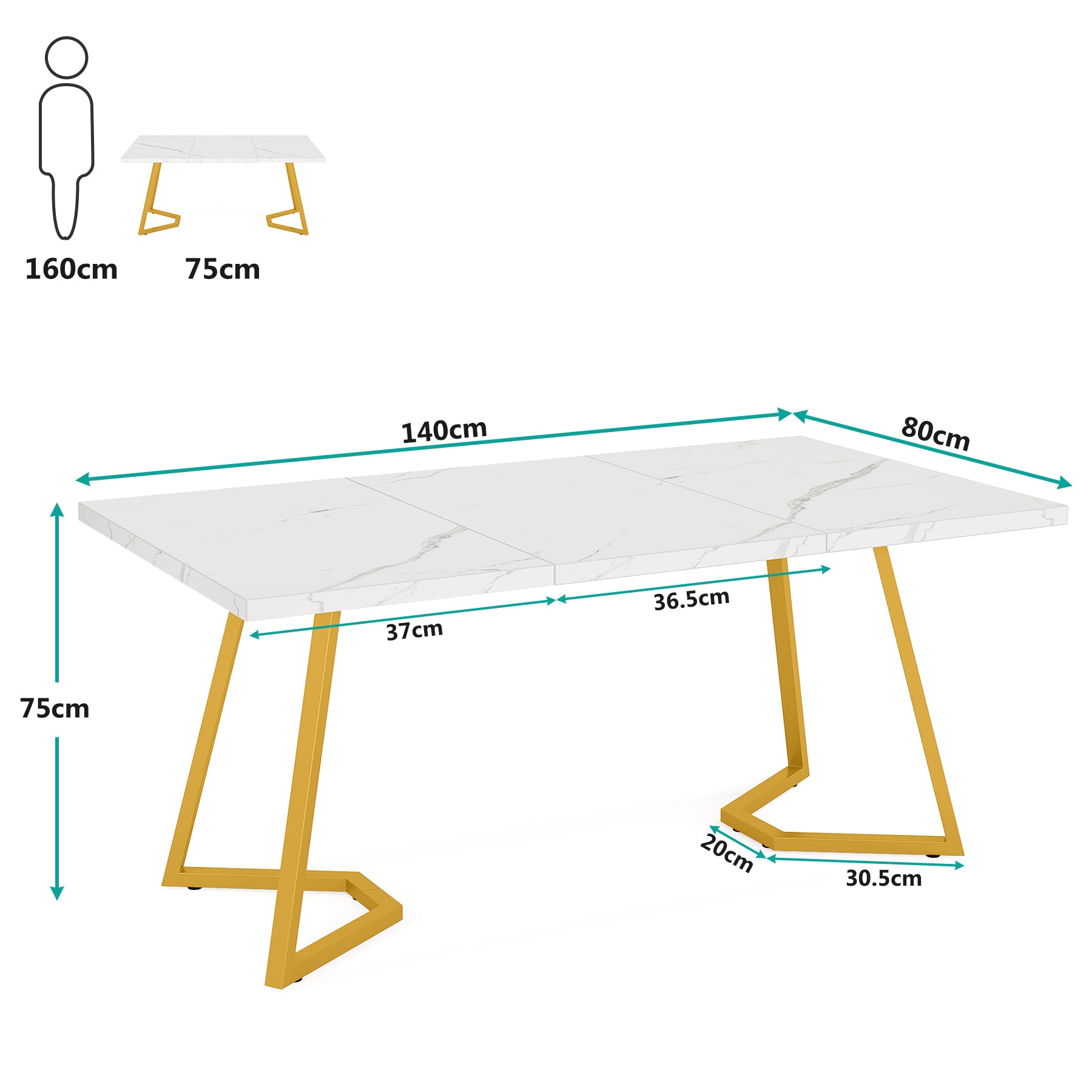 Tribesigns Tavolo da pranzo moderno, tavolo da cucina da 140 cm con gambe in metallo dorato per 6 persone
