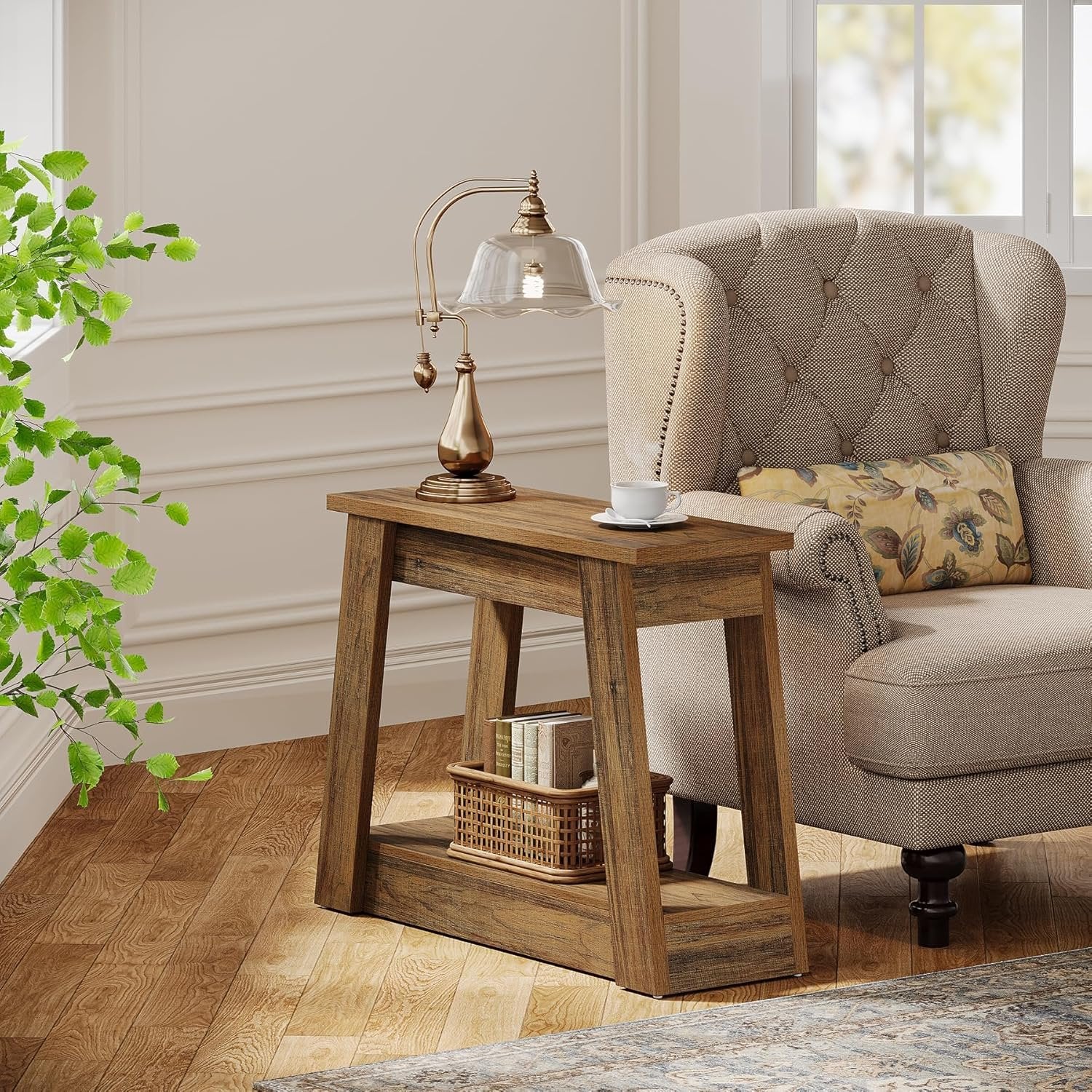 Tribesigns Tavolino in legno, piccolo tavolino comodino stretto con 2 ripiani