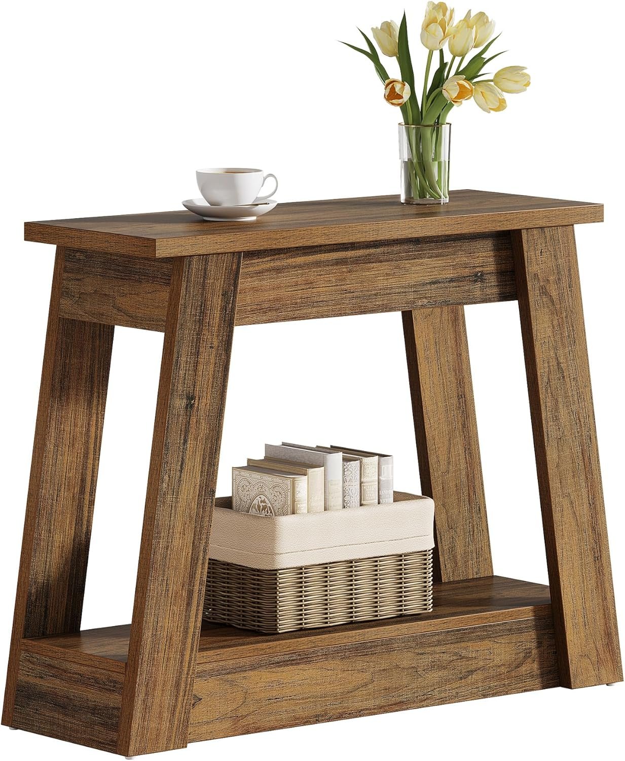 Tribesigns Tavolino in legno, piccolo tavolino comodino stretto con 2 ripiani