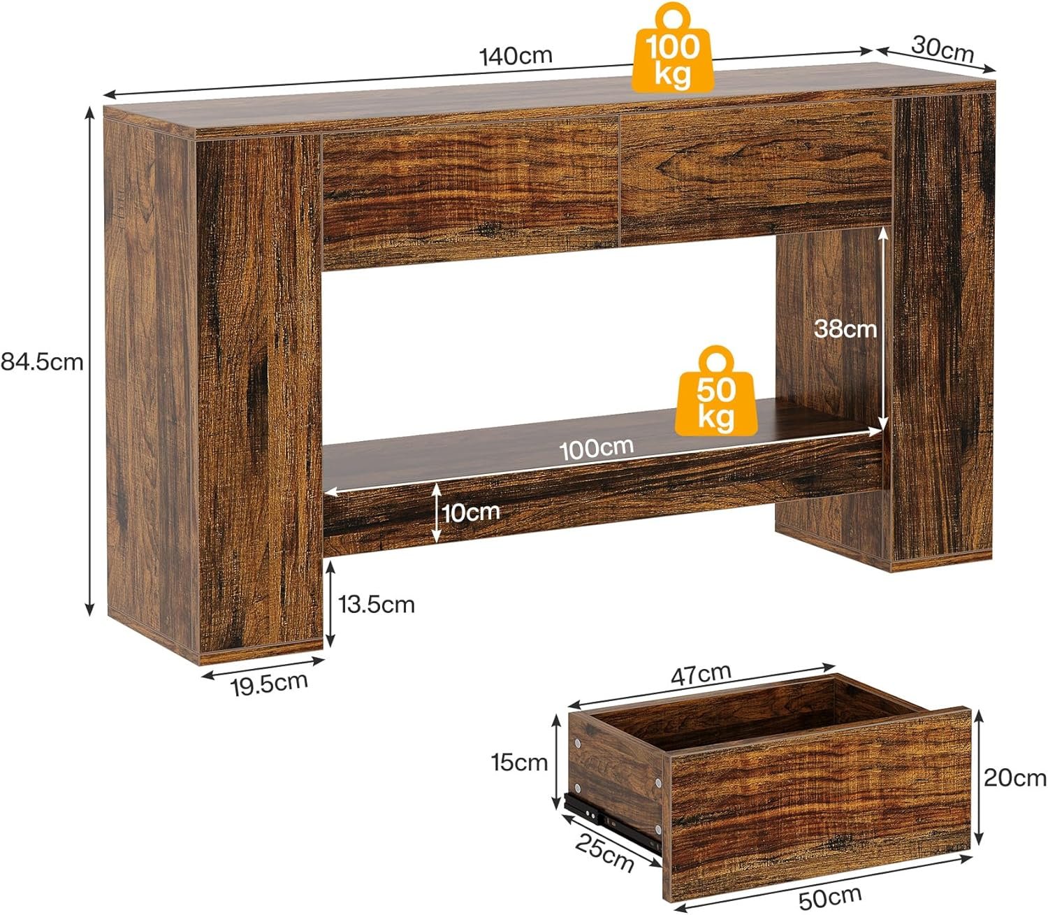 Tribesigns 140 cm Tavolo consolle, tavolino da divano a 2 Piani per Soggiorno