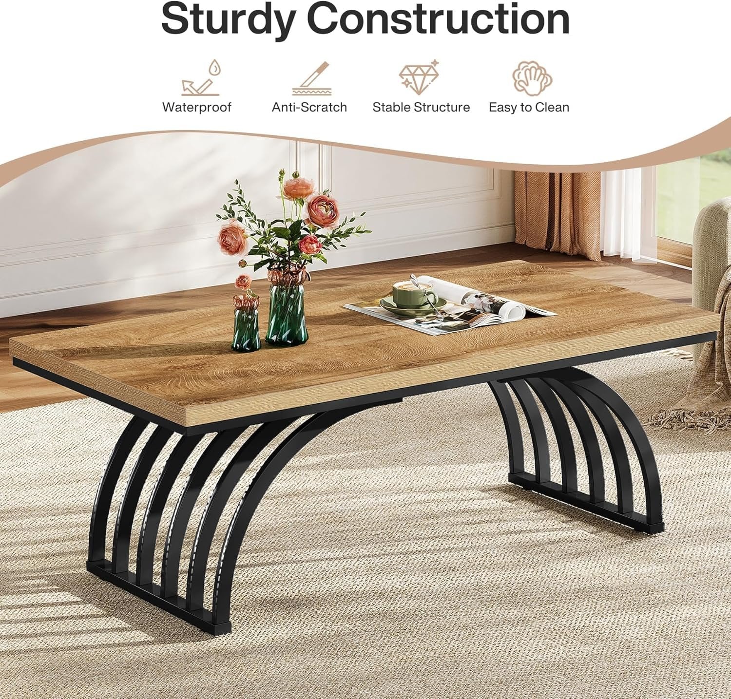 Tribesigns 120 cm Tavolino da caffè, moderno tavolo da tè con gambe in metallo