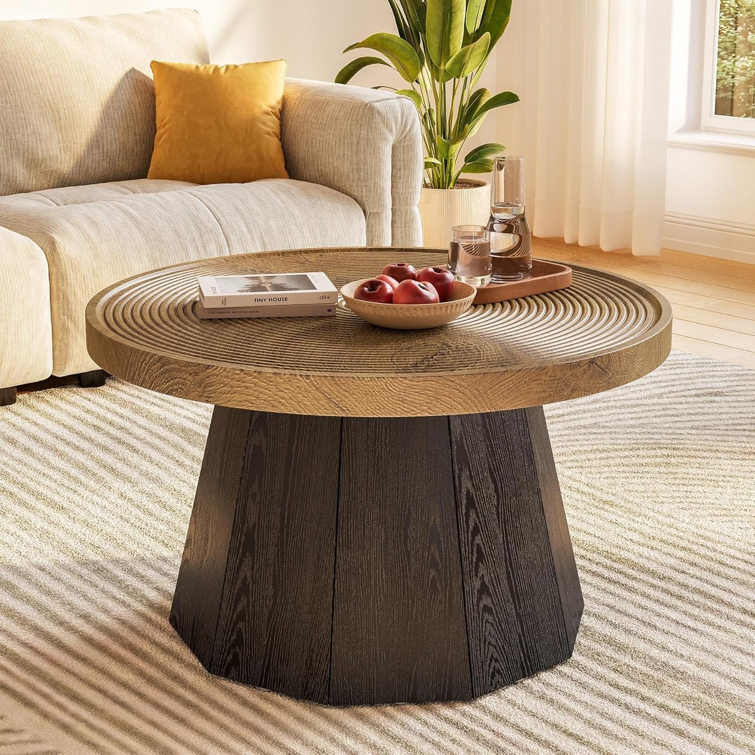 Tavolino da Salotto Nero, Tavolino Rotondo 31,5× 15,8 Tavolino in Vetro for Soggiorno Tavolino Moderno Mid-Century con Gambe in Legno e Piano in Vetro Temperato Centro Cerchio Rustico, 31,5 * 23,6
