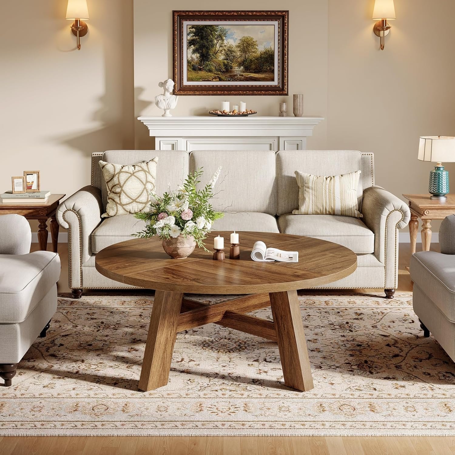 Tribesigns Tavolino rotondo 100 cm, tavolo da salotto tavolino basso in legno per soggiorno