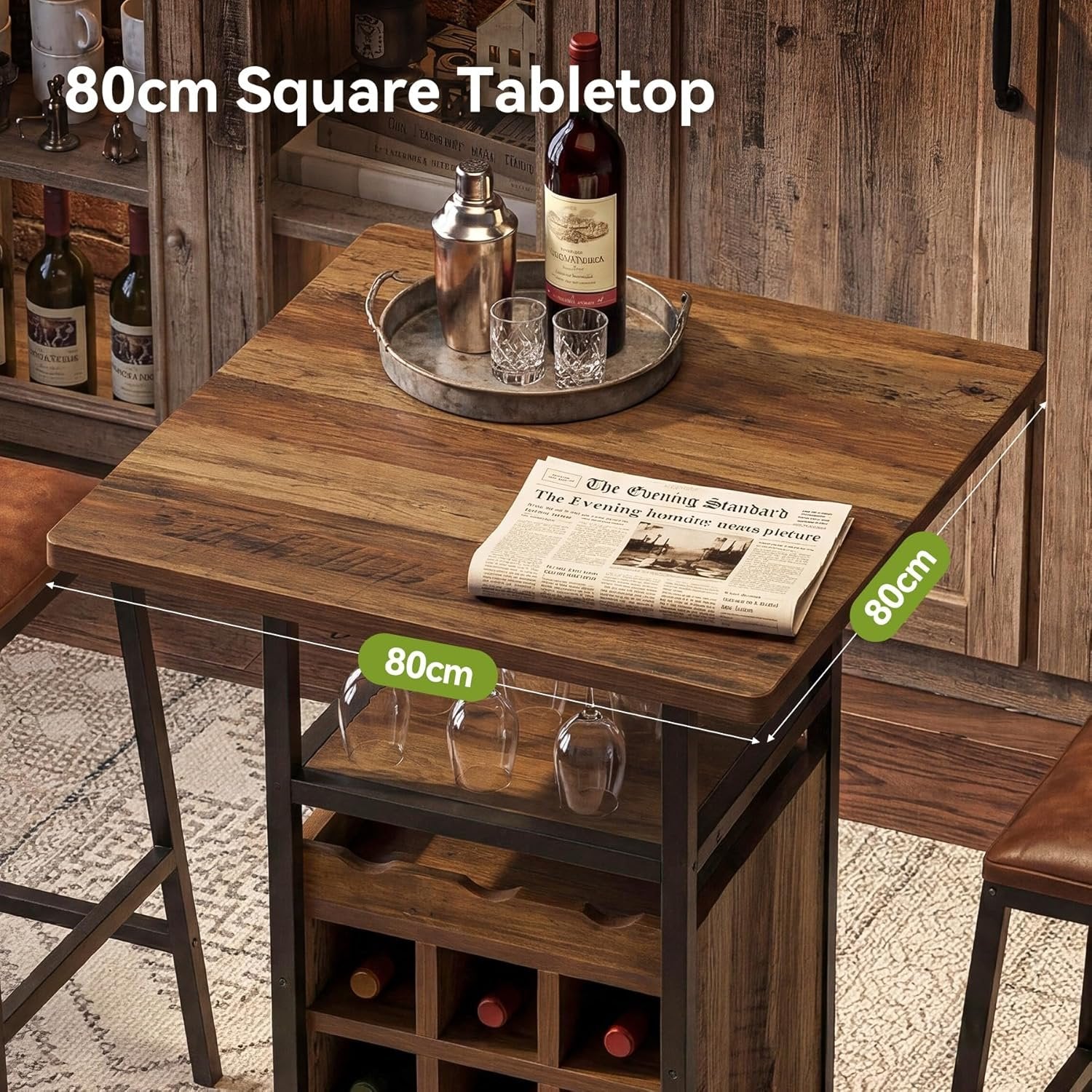 Tribesigns Tavolo Quadrato da Bar 95 cm, Tavolino da Cocktail in Legno con Portabicchieri
