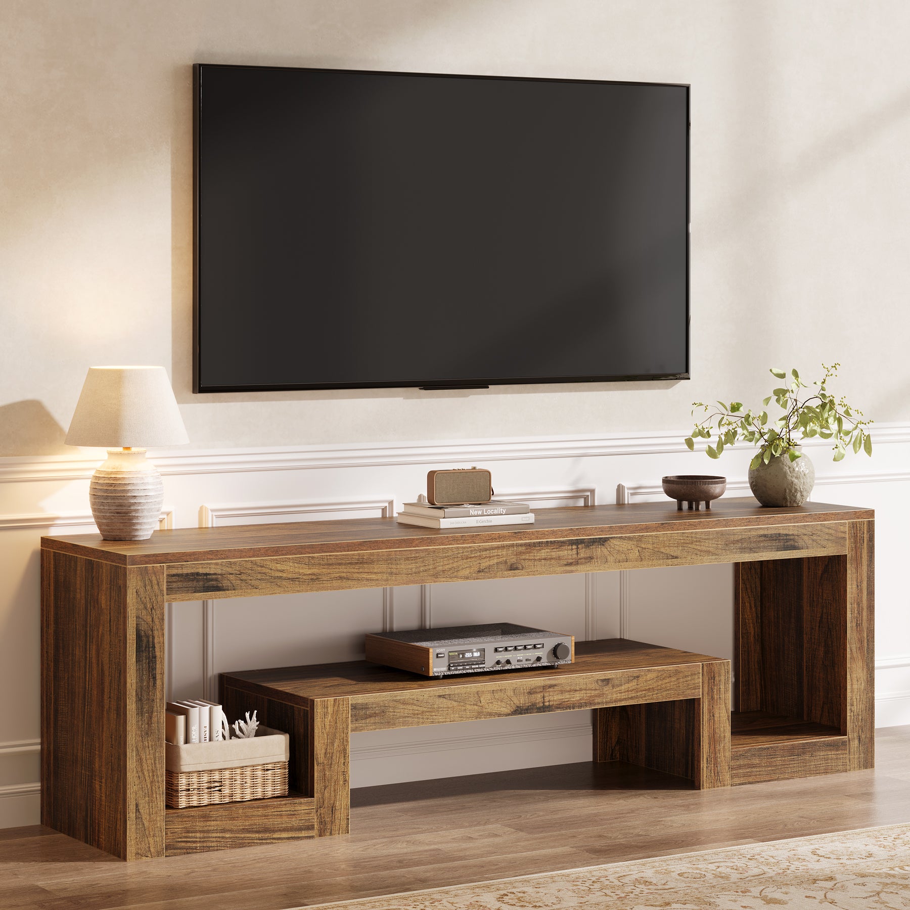 Mobile TV da 160 cm, consolle multimediale bassa con scomparti aperti per TV da 55/60/65 pollici