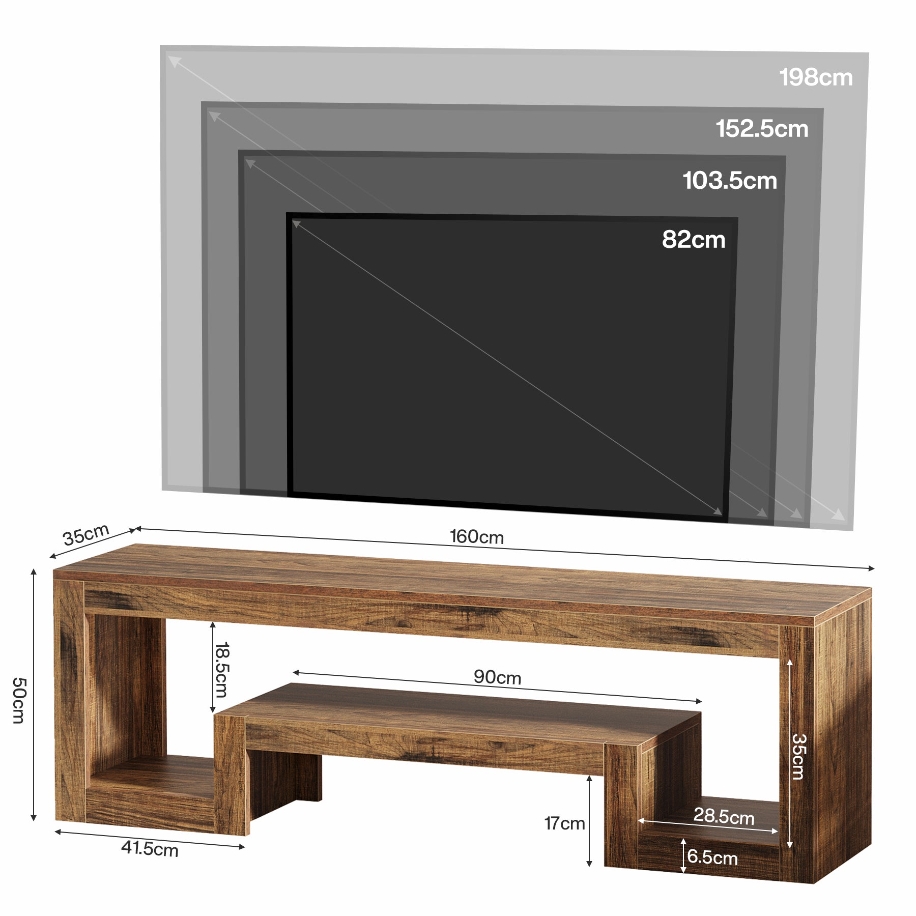 Mobile TV da 160 cm, consolle multimediale bassa con scomparti aperti per TV da 55/60/65 pollici