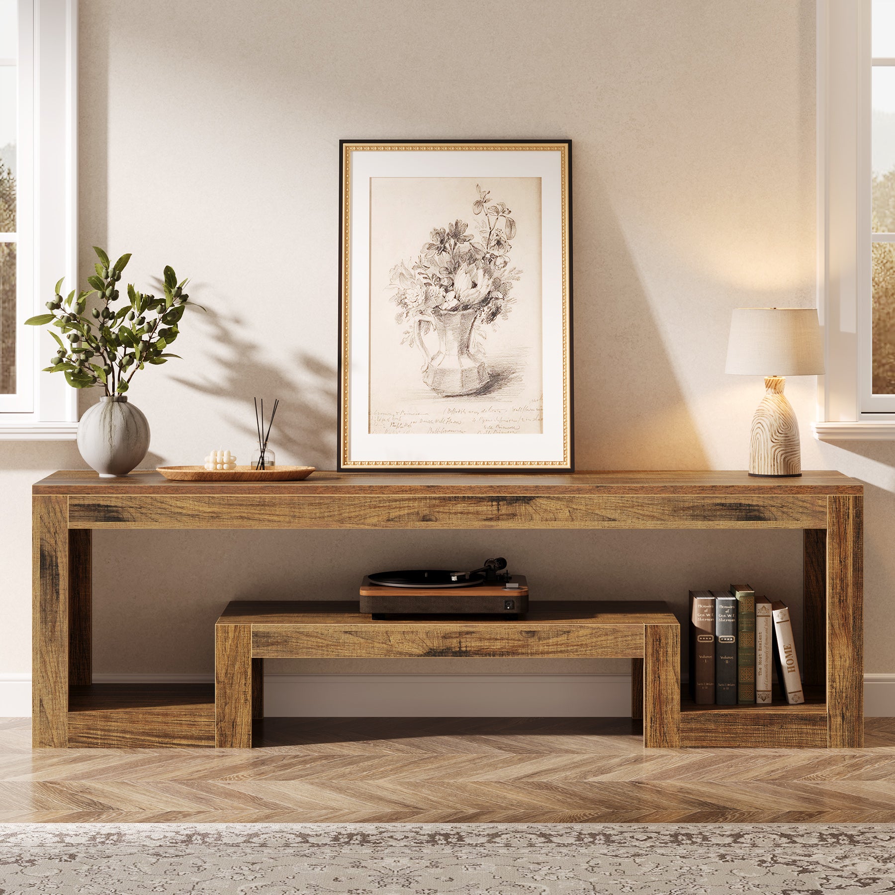 Mobile TV da 160 cm, consolle multimediale bassa con scomparti aperti per TV da 55/60/65 pollici