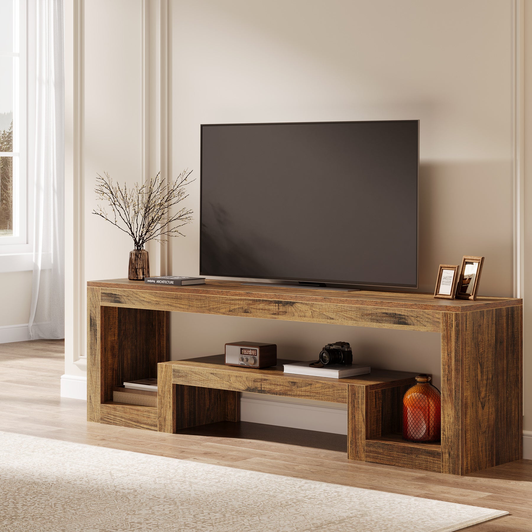 Mobile TV da 160 cm, consolle multimediale bassa con scomparti aperti per TV da 55/60/65 pollici