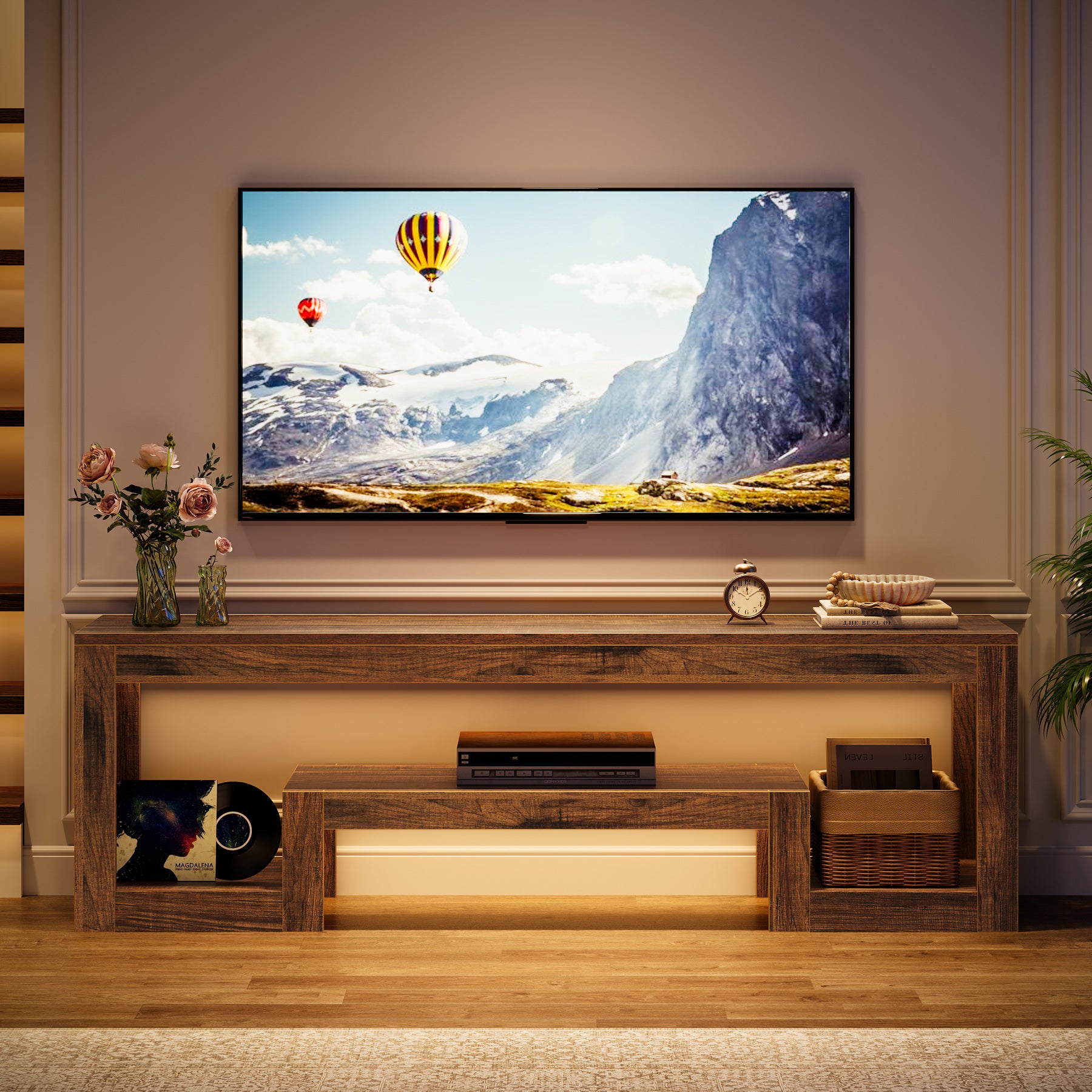 Mobile TV da 160 cm, consolle multimediale bassa con scomparti aperti per TV da 55/60/65 pollici