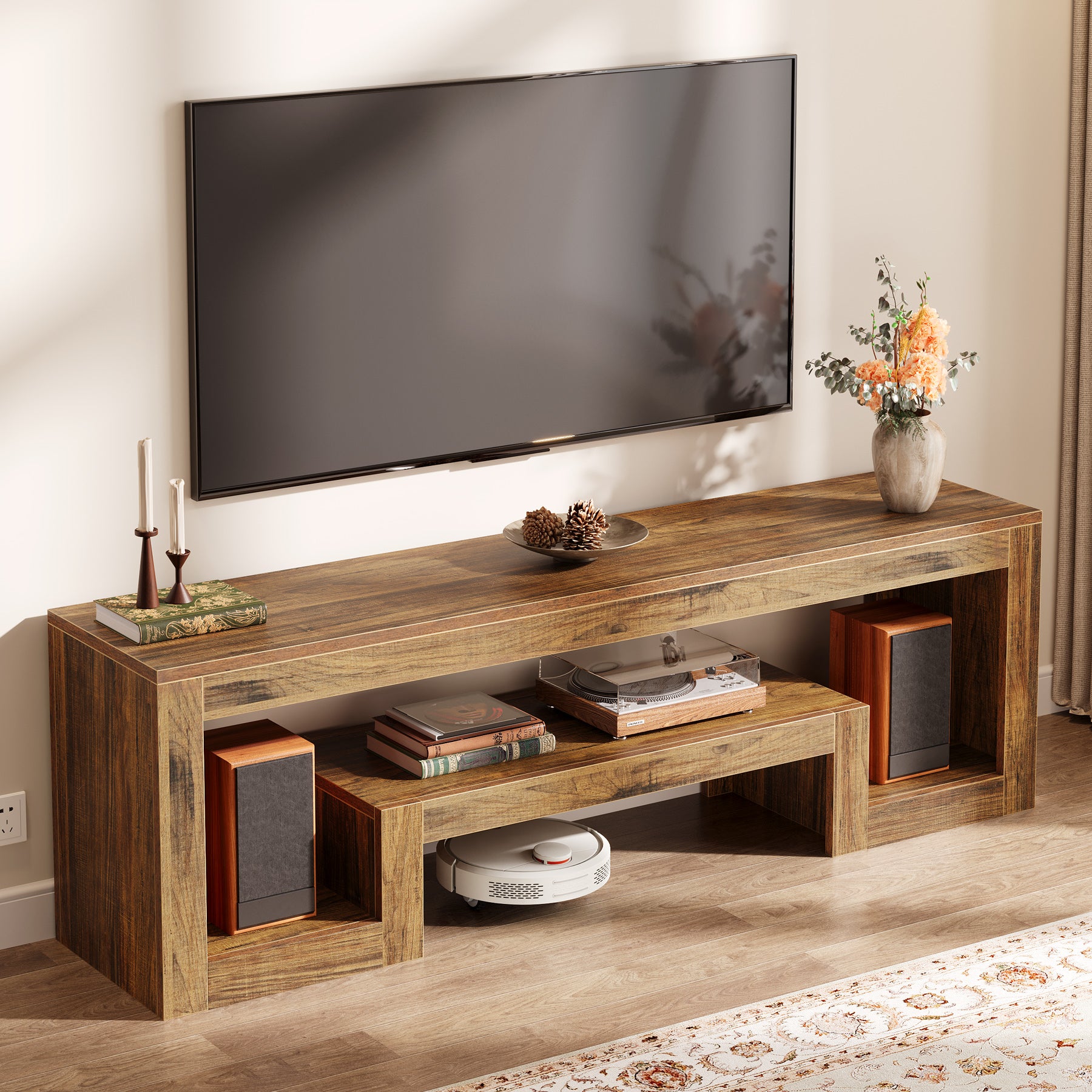 Mobile TV da 160 cm, consolle multimediale bassa con scomparti aperti per TV da 55/60/65 pollici