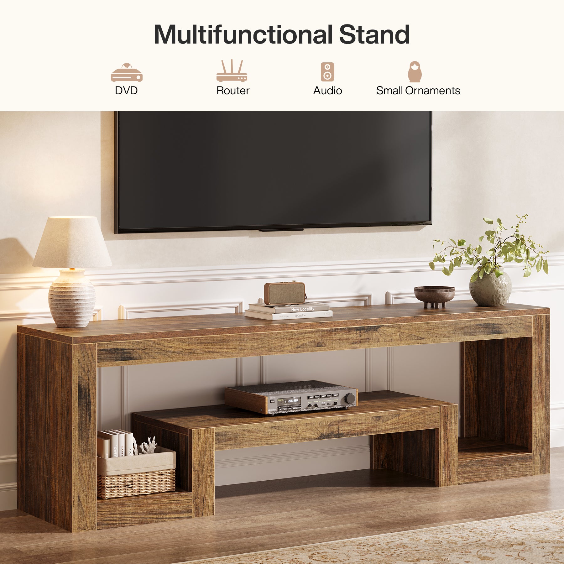 Mobile TV da 160 cm, consolle multimediale bassa con scomparti aperti per TV da 55/60/65 pollici
