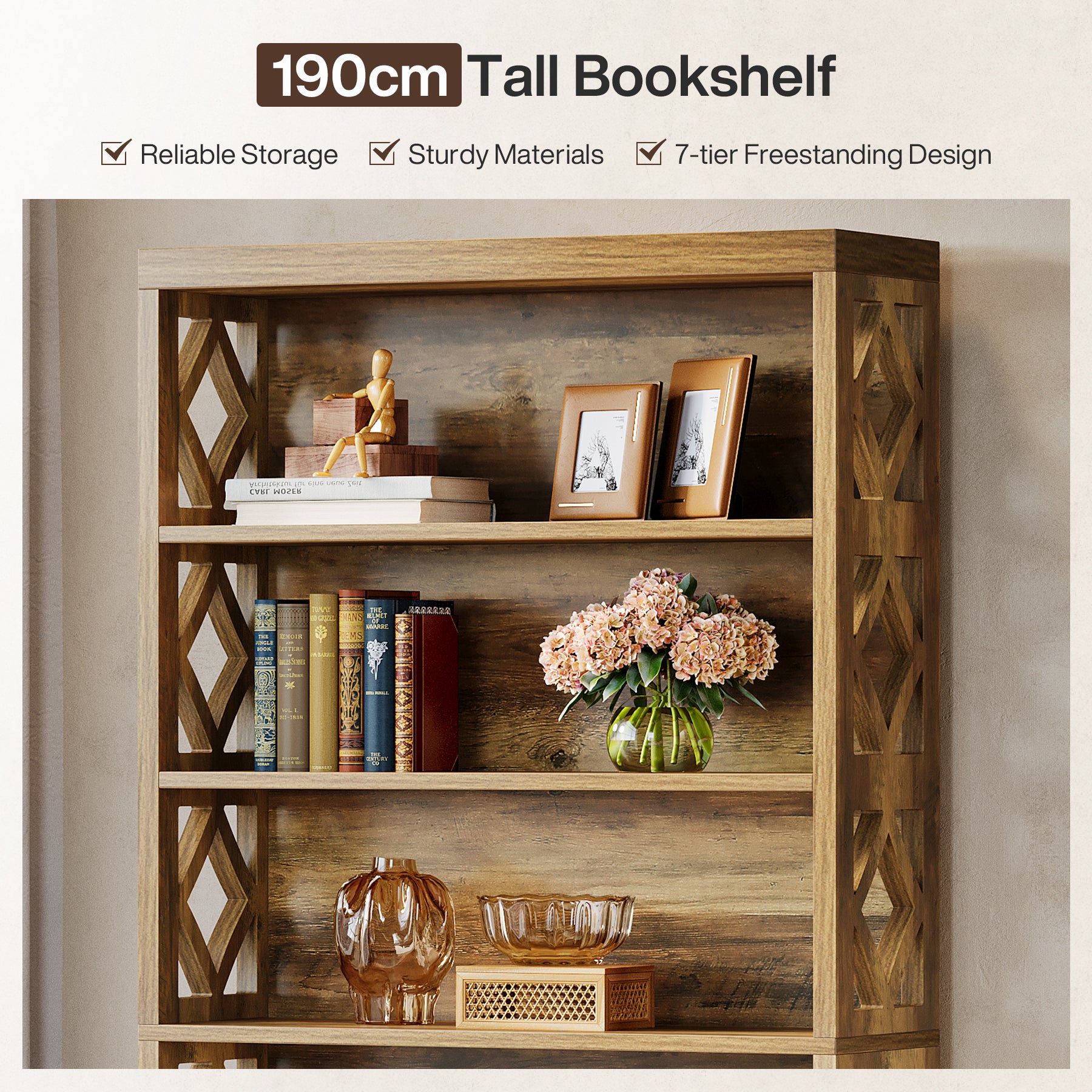 Tribesigns 190 cm Libreria, scaffale a 7 ripiani con ripiano espositivo aperto