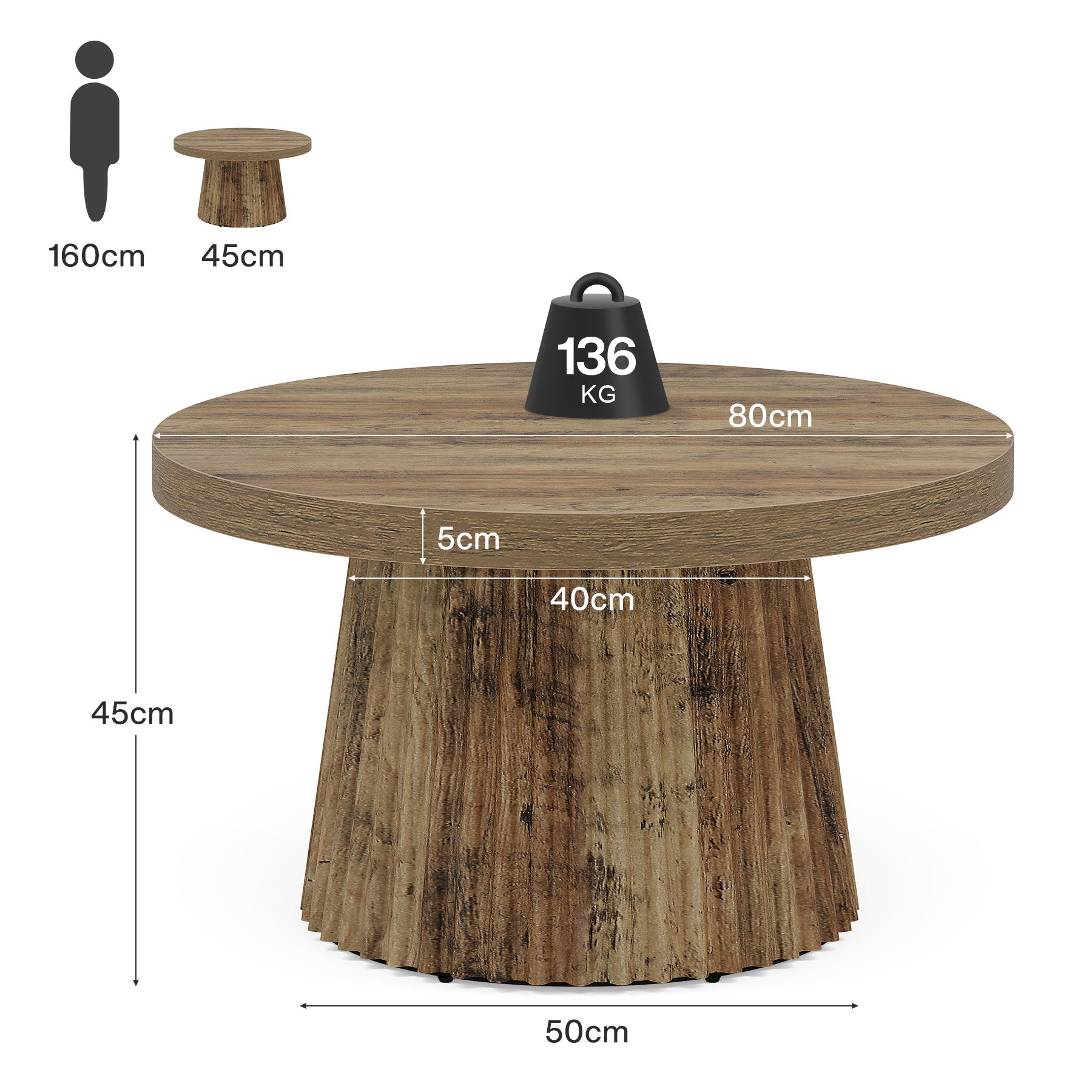 Tribesigns 80 cm Tavolino da caffè, moderno tavolo centrale circolare con base scanalata
