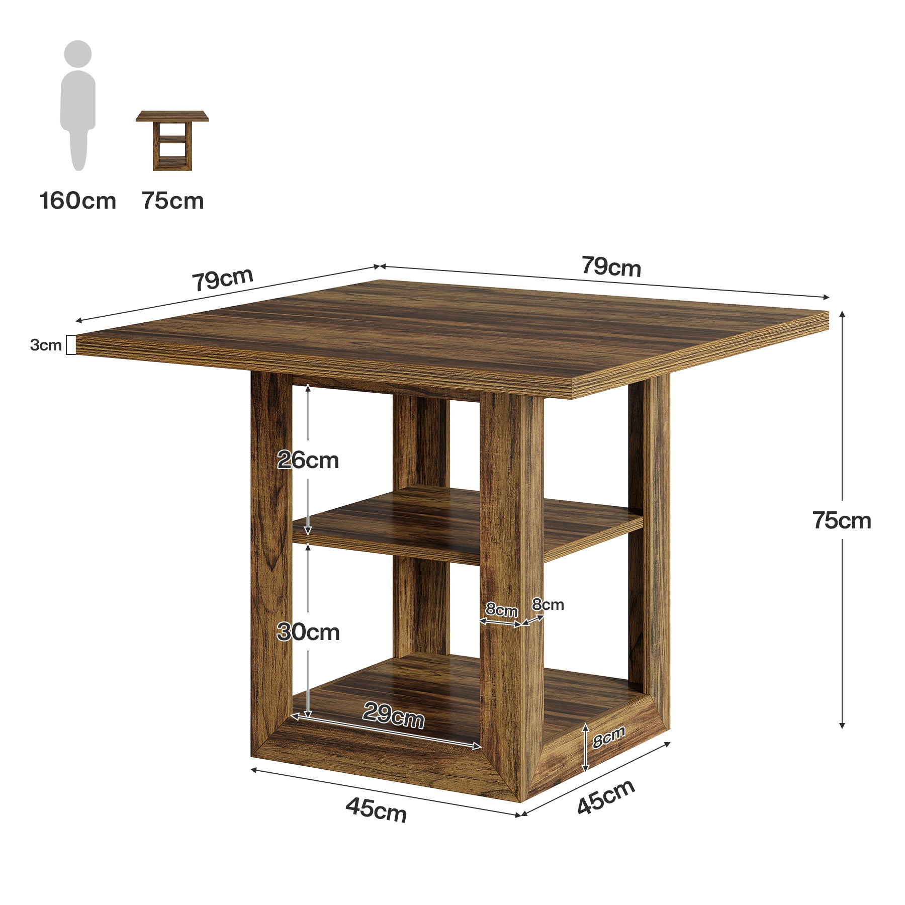 Tribesigns Tavolo da pranzo da 80 cm, tavolo da cucina quadrato con ripiano a 2 livelli per 4