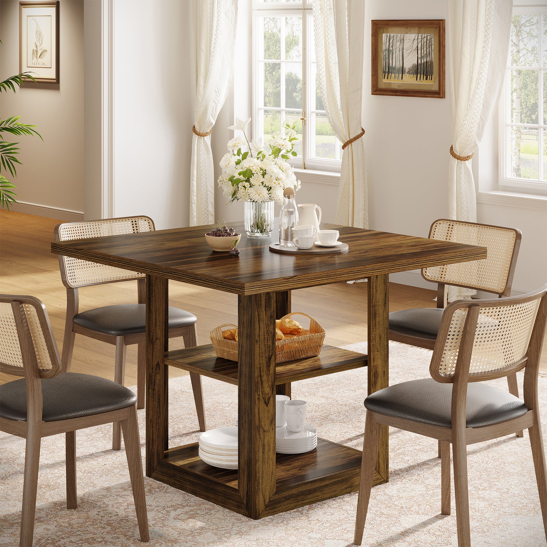 Tribesigns Tavolo da pranzo da 80 cm, tavolo da cucina quadrato con ripiano a 2 livelli per 4