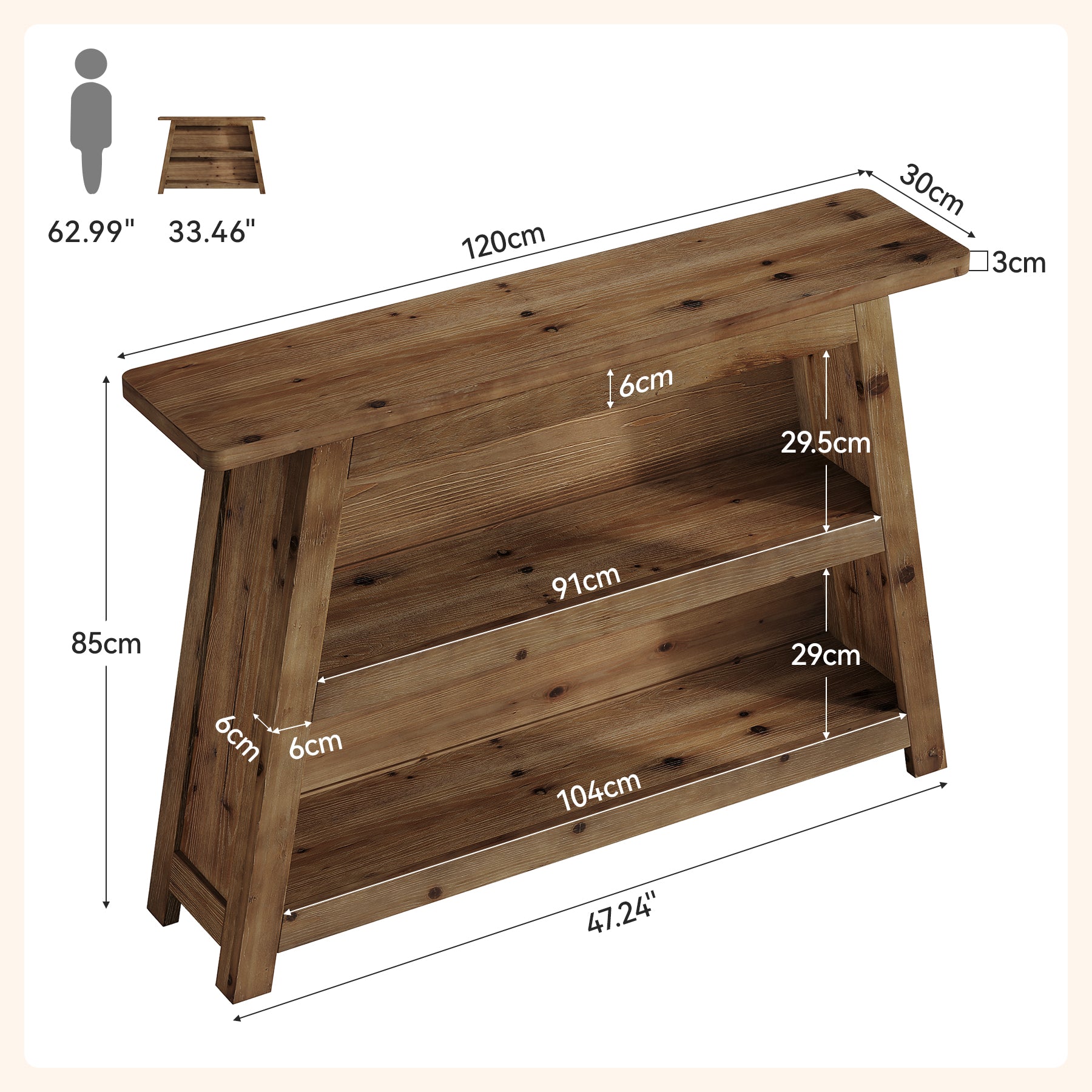 Tribesigns Consolle in legno massello da 120 cm, tavolo a 3 ripiani in stile rustico per ingresso e corridoio