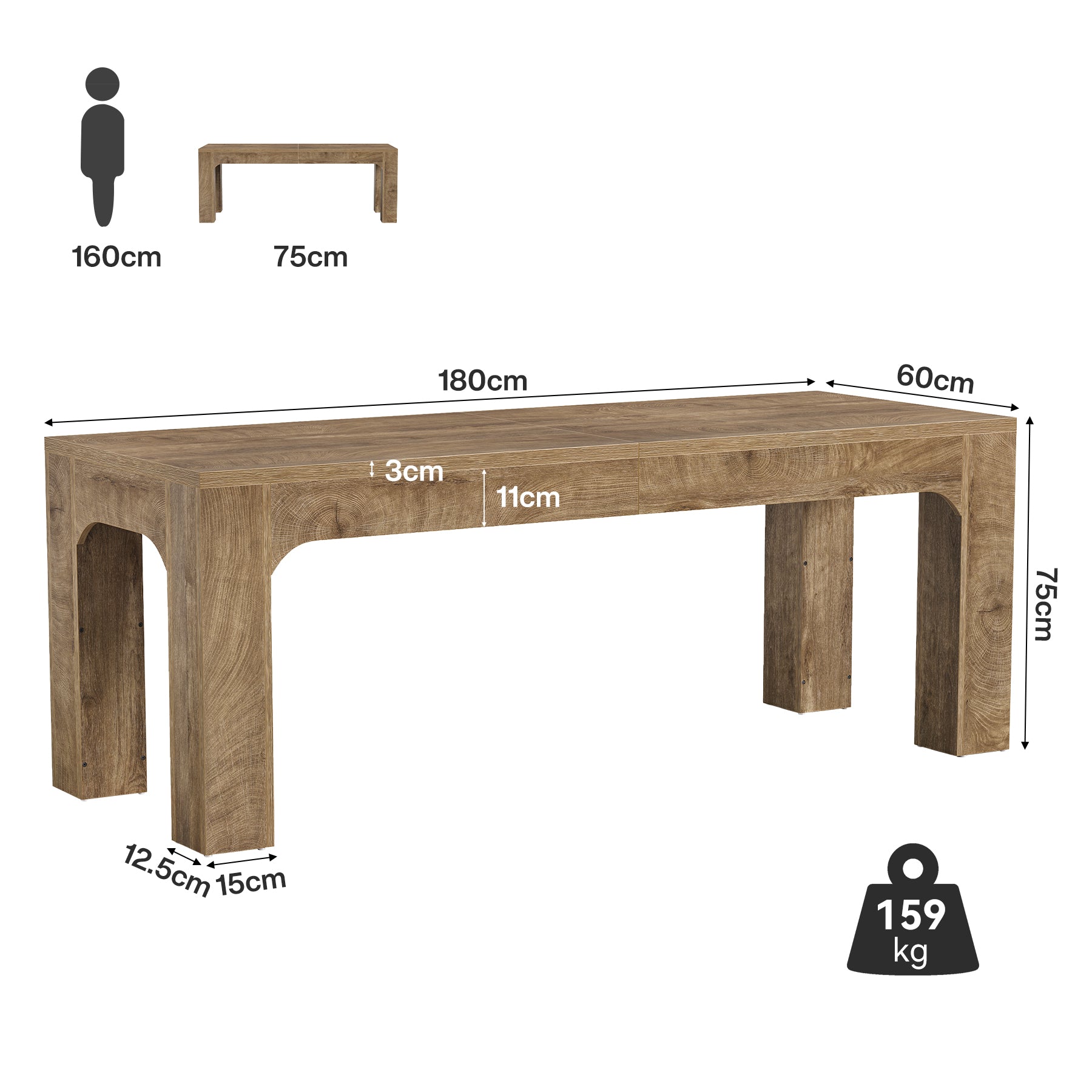Tavolo da Pranzo Rettangolare Country in Legno con Gambe Robuste, 180 cm, per 4-6 Persone