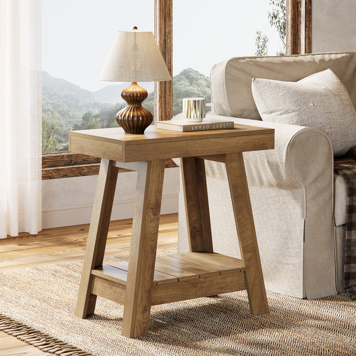 Tavolino Laterale Country a 2 Ripiani con Base Trapezoidale, 60 cm, per Soggiorno