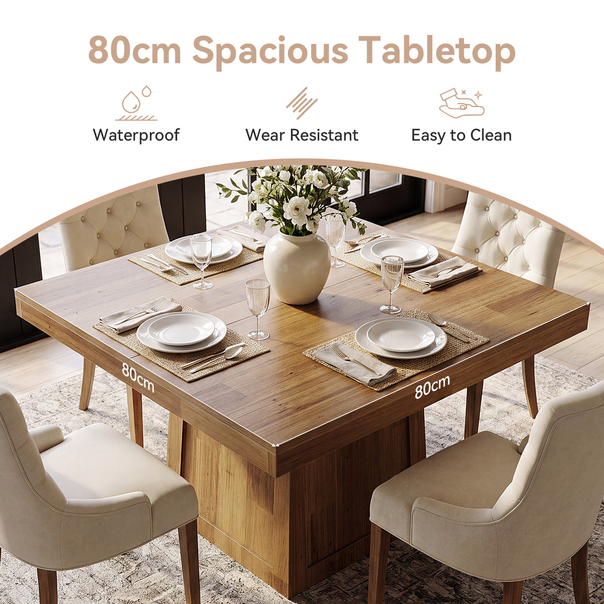 Tavolo da Pranzo Quadrato in Noce con Base Trapezoidale, 80 x 80 cm, per 2-4 Persone